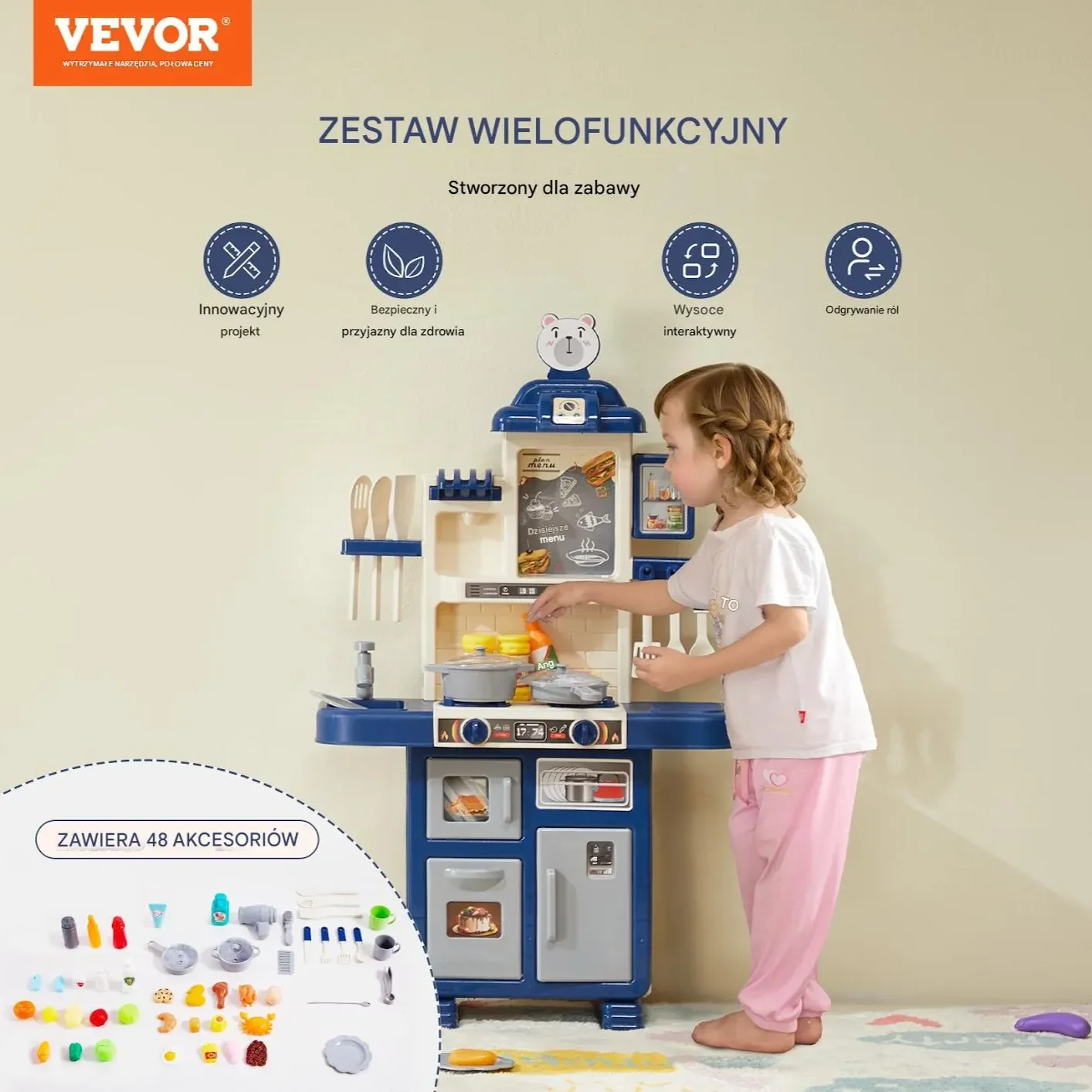 Zestaw kuchenny dla dzieci niebieski z dźwiękiem światłem 48 akcesoriów - obrazek 3