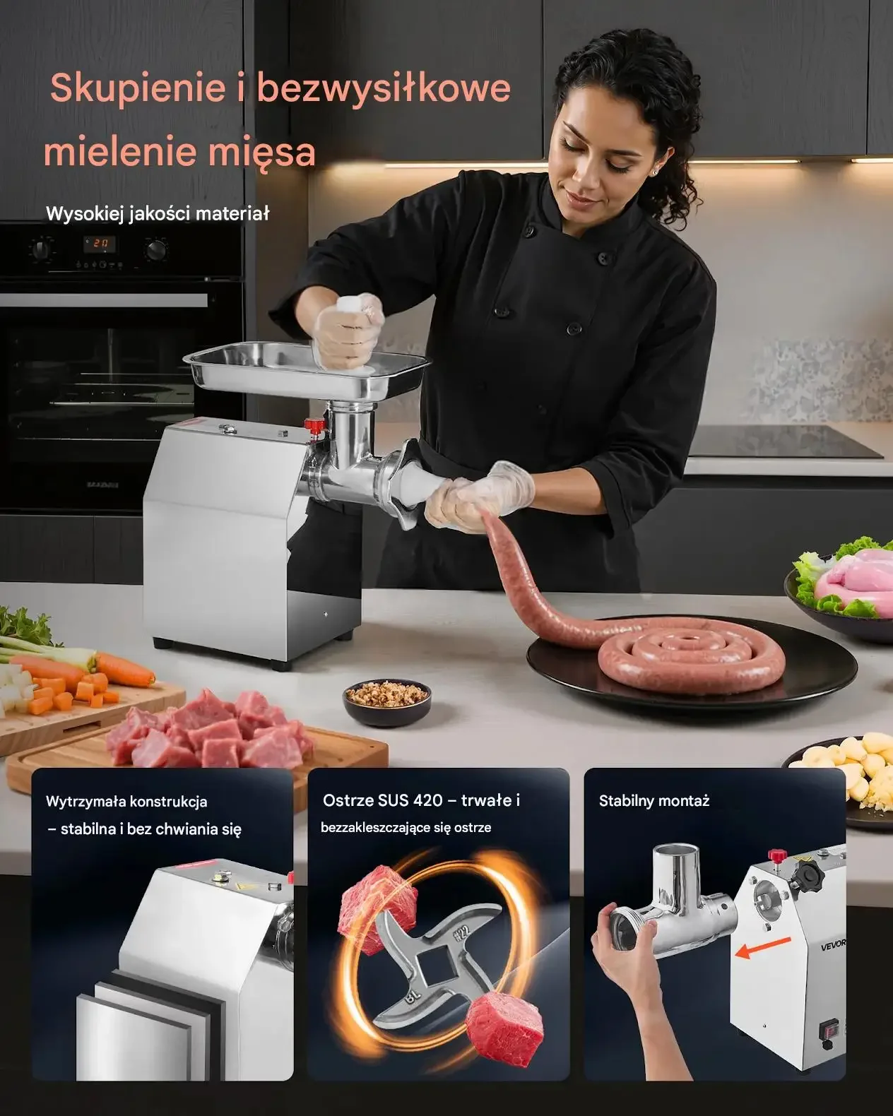 Maszynka do mięsa elektryczna 4,2 kg/min 1100W stal kiełbasy - obrazek 6