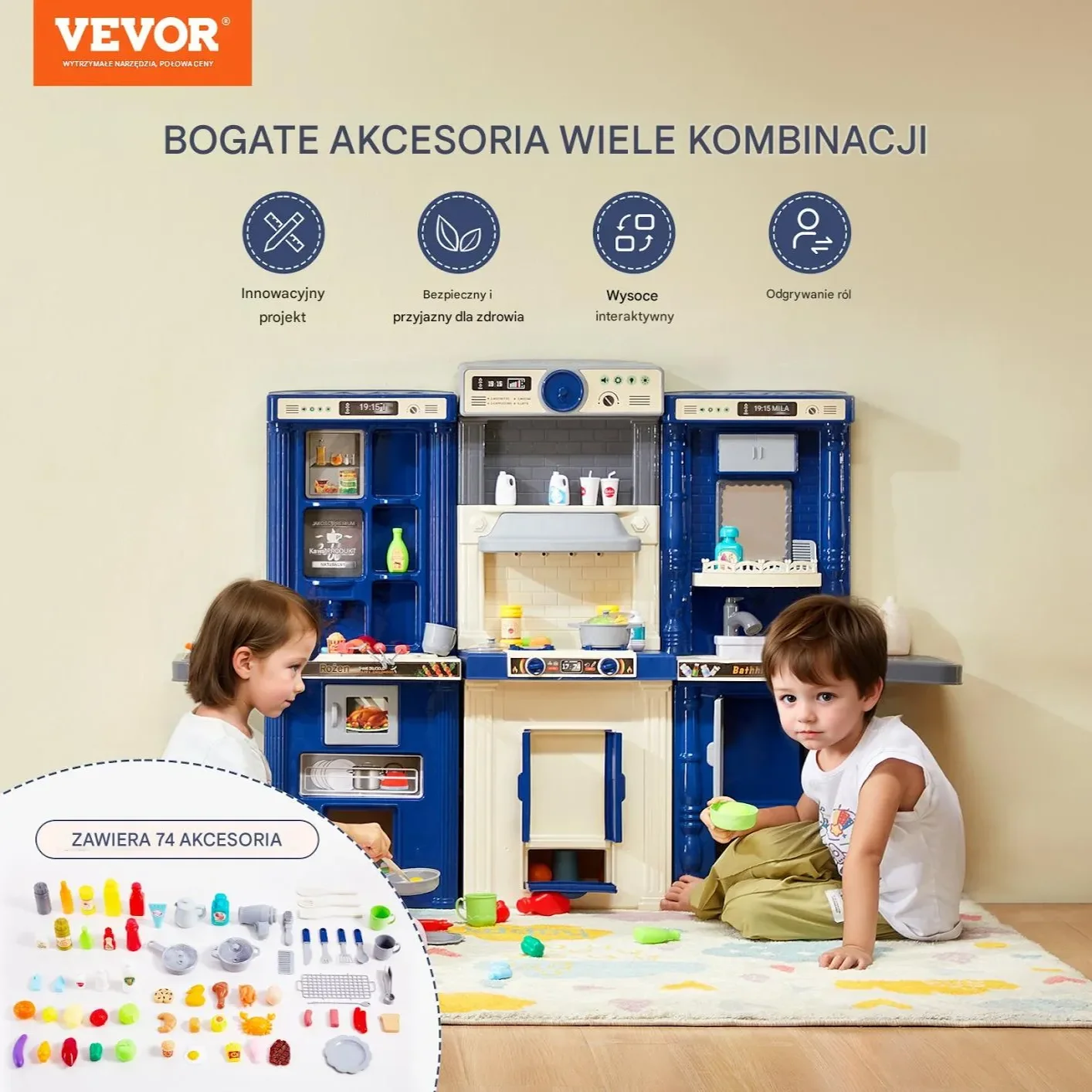 Zestaw kuchenny dla dzieci 3w1 niebieski z dźwiękiem światłem 74 akcesoria - obrazek 6