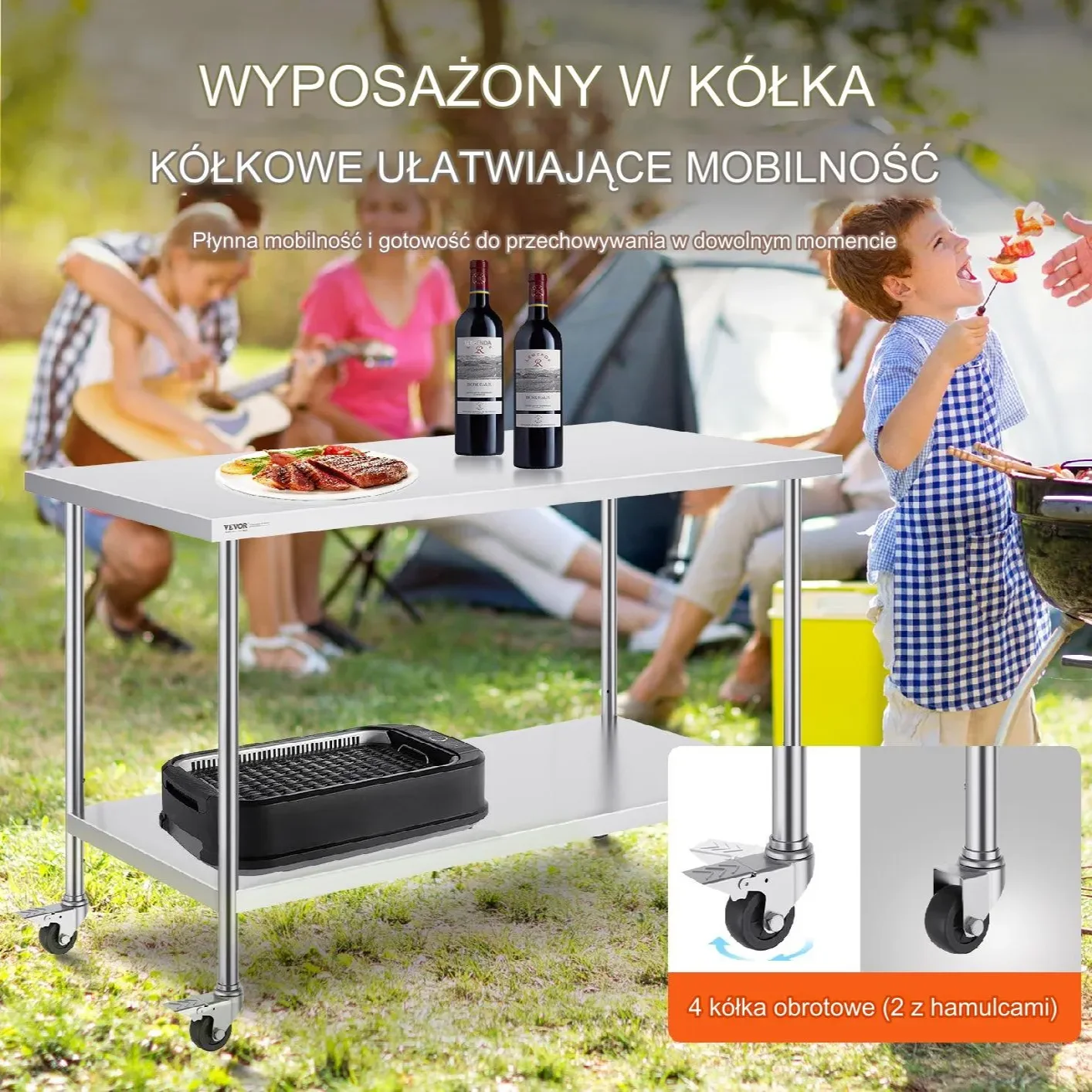 Stół roboczy blat gastronomiczny nierdzewny – 76,2 x 152.4 cm z 4 kołami - obrazek 2
