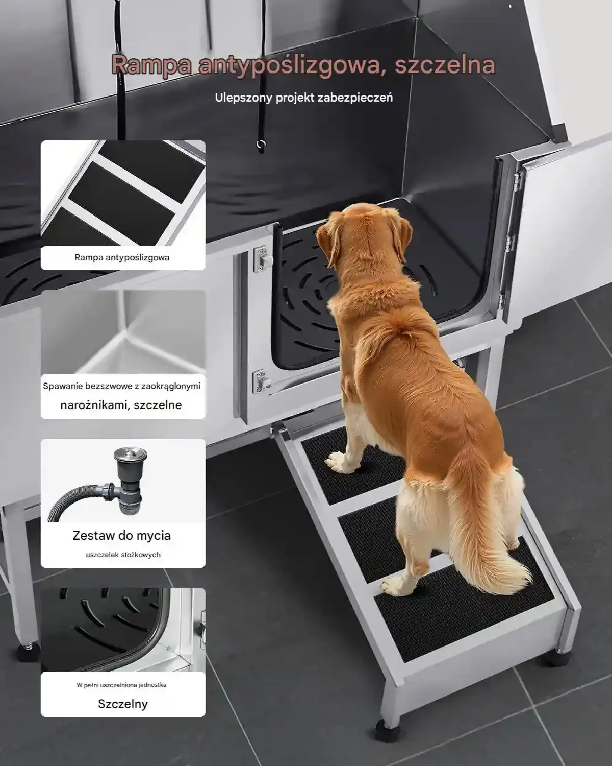 Wanna groomerska dla psa stalowa z prysznicem i rampą do kąpieli zwierząt - obrazek 6