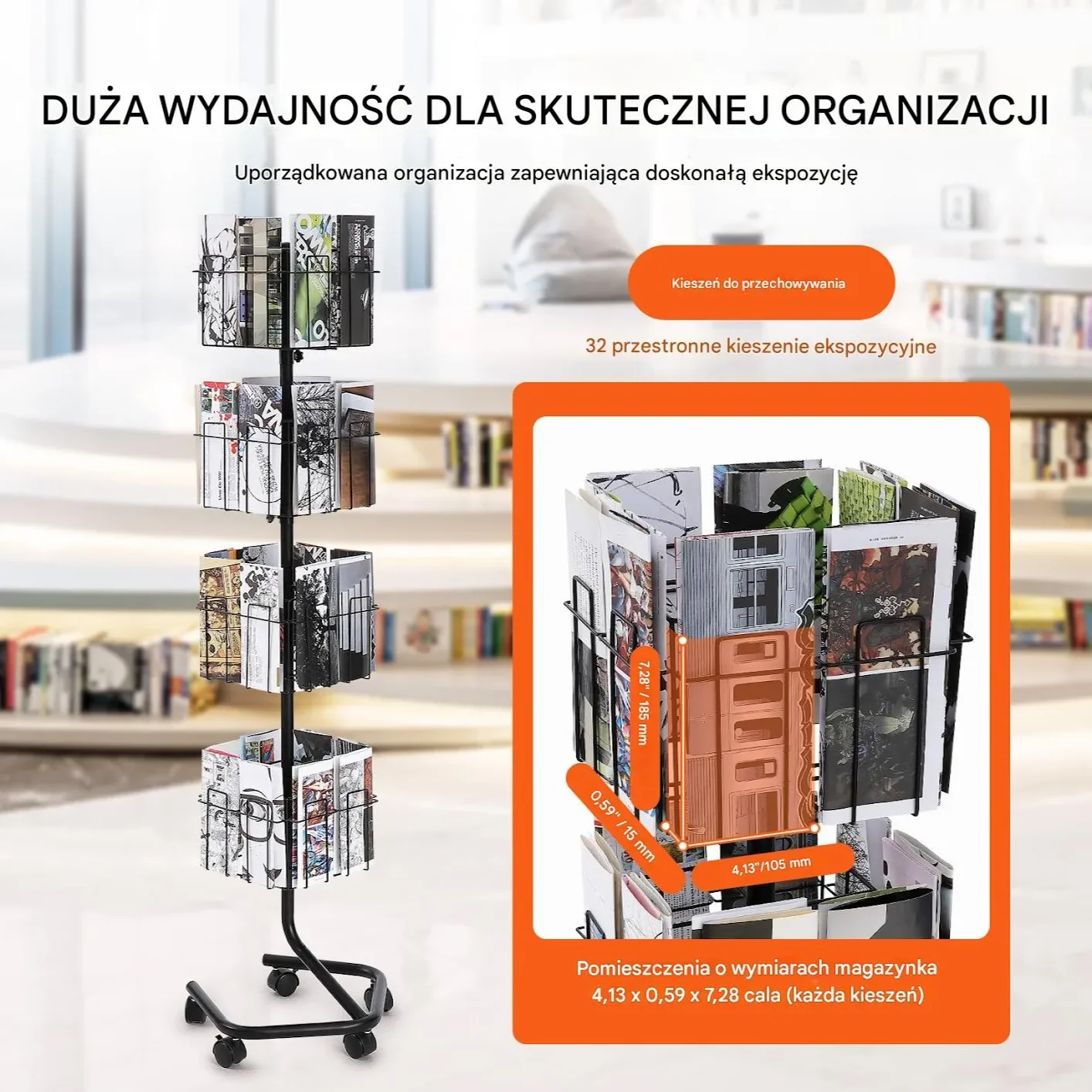 Stojak obrotowy na ulotki pocztówki 4 poziomy 32 kieszenie z kółkami - obrazek 6