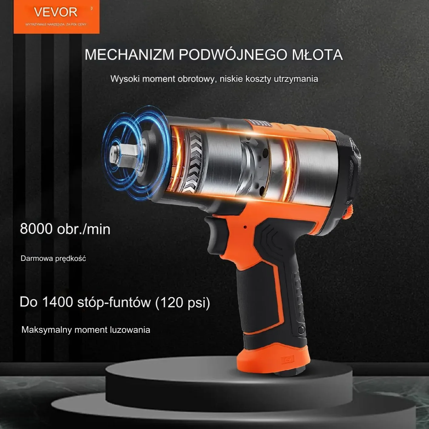 Klucz udarowy pneumatyczny 1900 Nm, 1/2", zestaw 11 nasadek (9-27 mm) lekki - obrazek 6