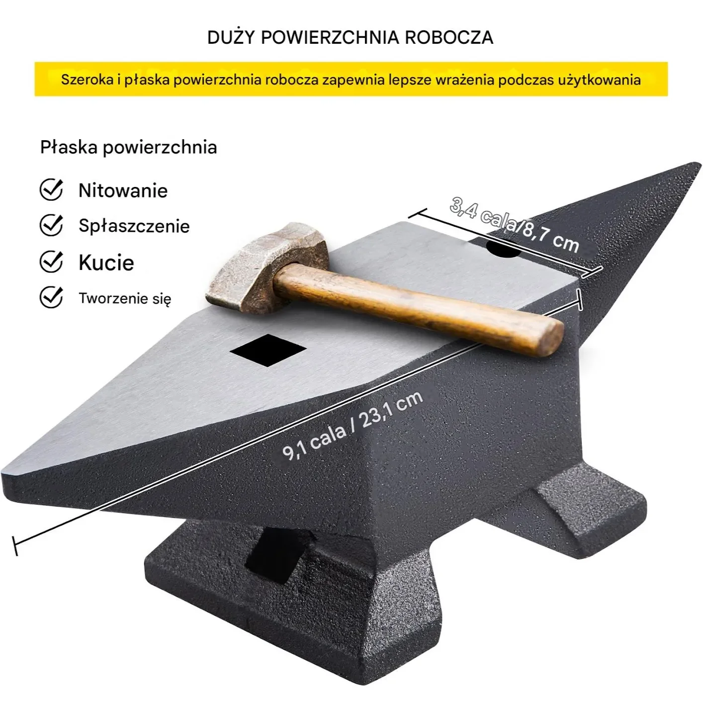 Kowadło jednorożne 10kg do kuźni stal kuta 2 otwory powierzchnia 35x11 cm - obrazek 2