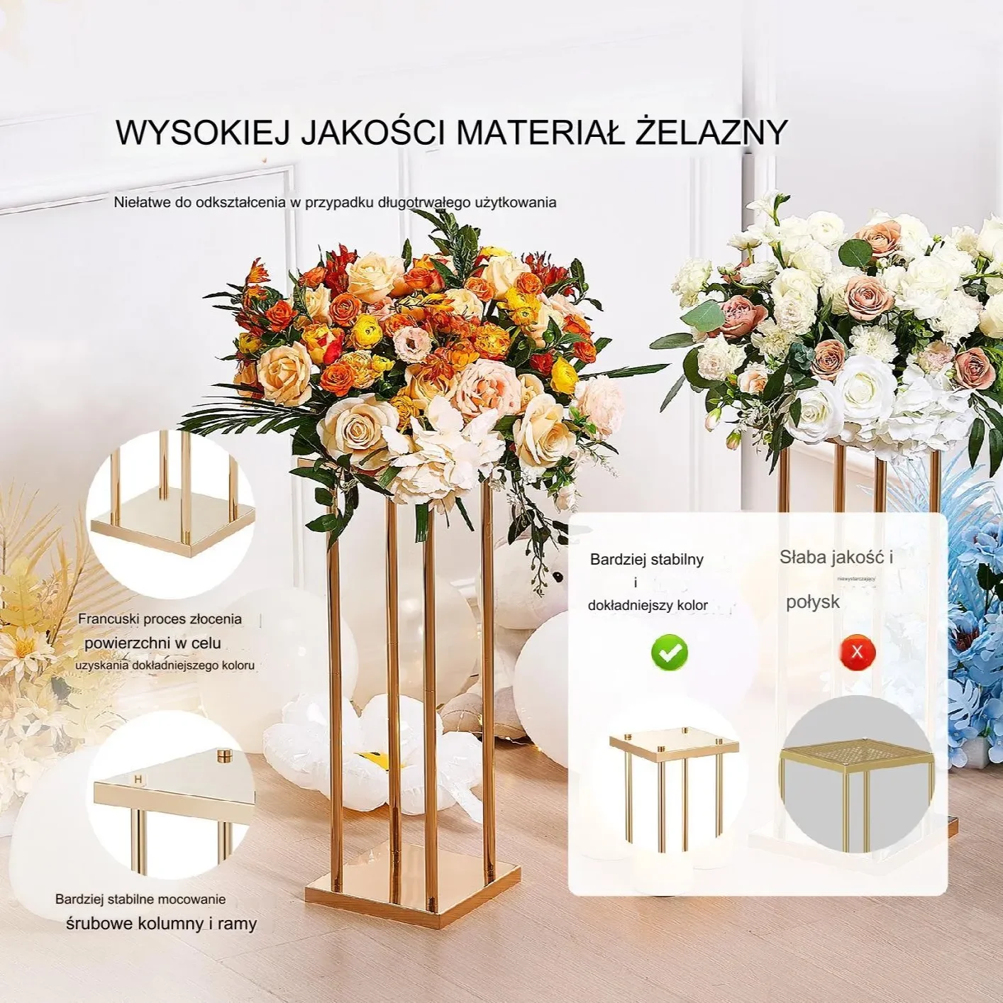 Stojak weselny na salę złoty kolor ślub wesele kwietnik kwiaty 2 szt. 80 cm - obrazek 5