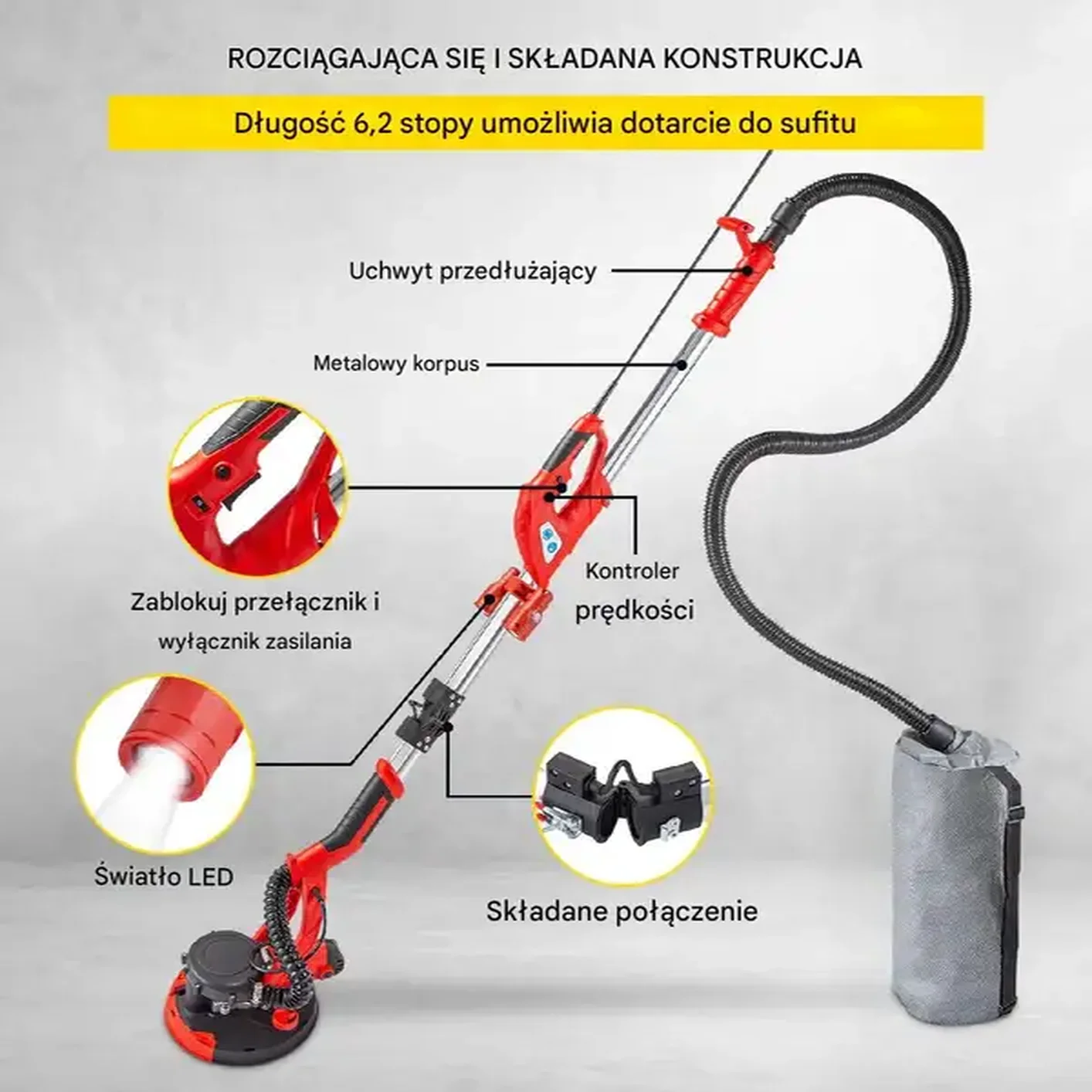 SZLIFIERKA DO GIPSU GŁADZI TYNKU ŻYRAFA 850W 225mm LED + WOREK - obrazek 5
