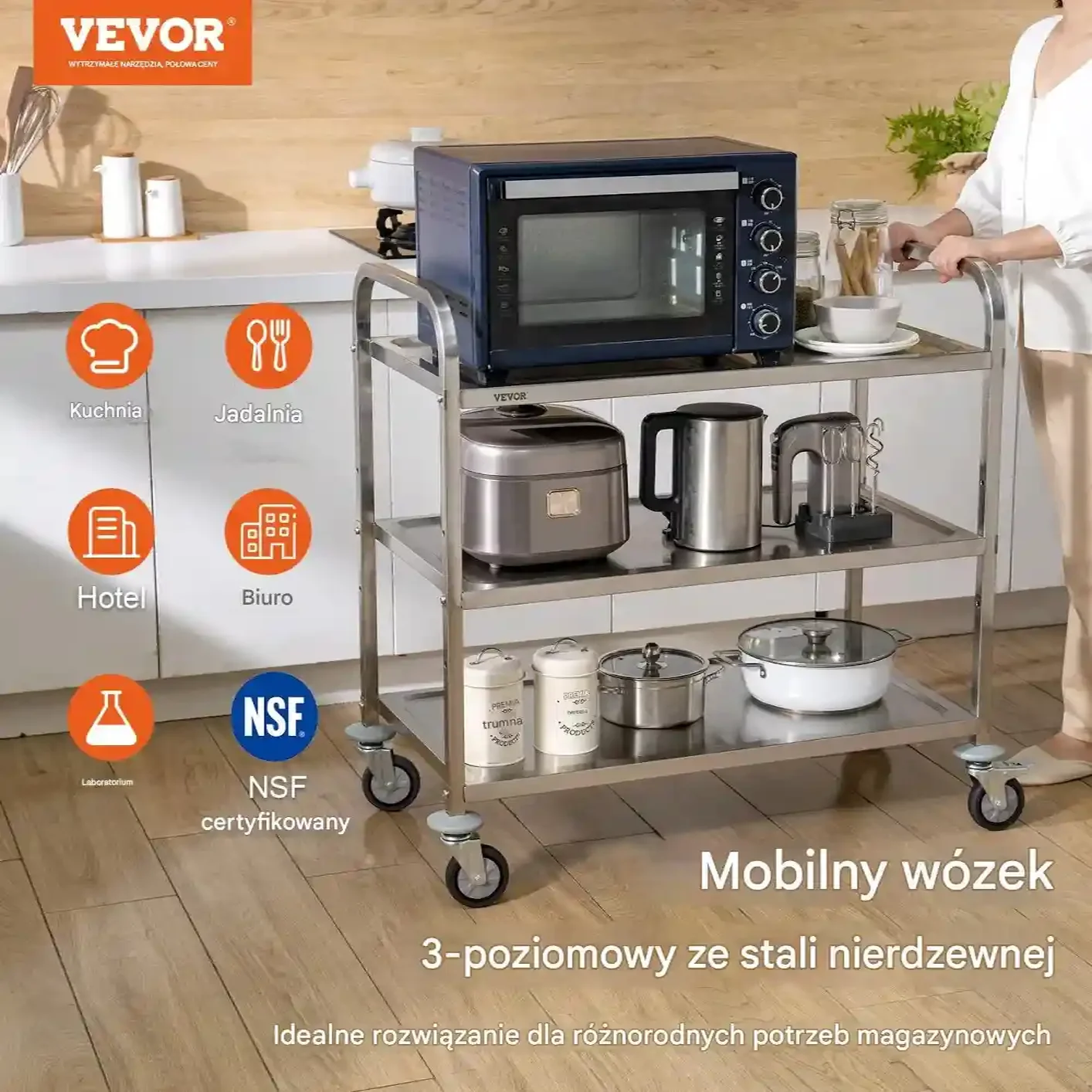 Wózek kuchenny 3-poziomowy stalowy 450kg na kółkach z koszami i haczykami - obrazek 5