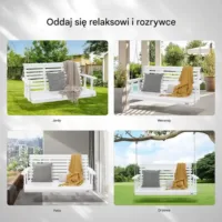 Drewniana huśtawka ogrodowa wisząca na taras werandę biała 137 cm