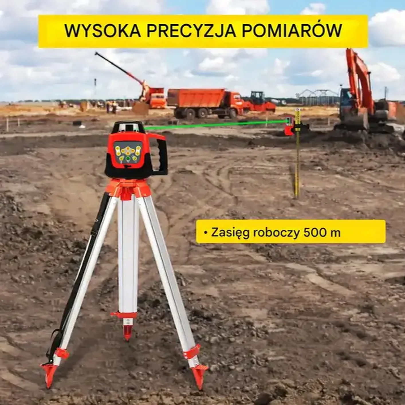 Poziomica laserowa obrotowa zielona 500m 360° z statywem i tyczką 5m - obrazek 7