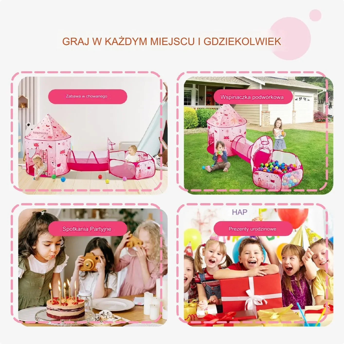 Namiot dla Dzieci Tipi Domek Tunel do Domu Ogrodu Zestaw Ogrodowy różowy - obrazek 4