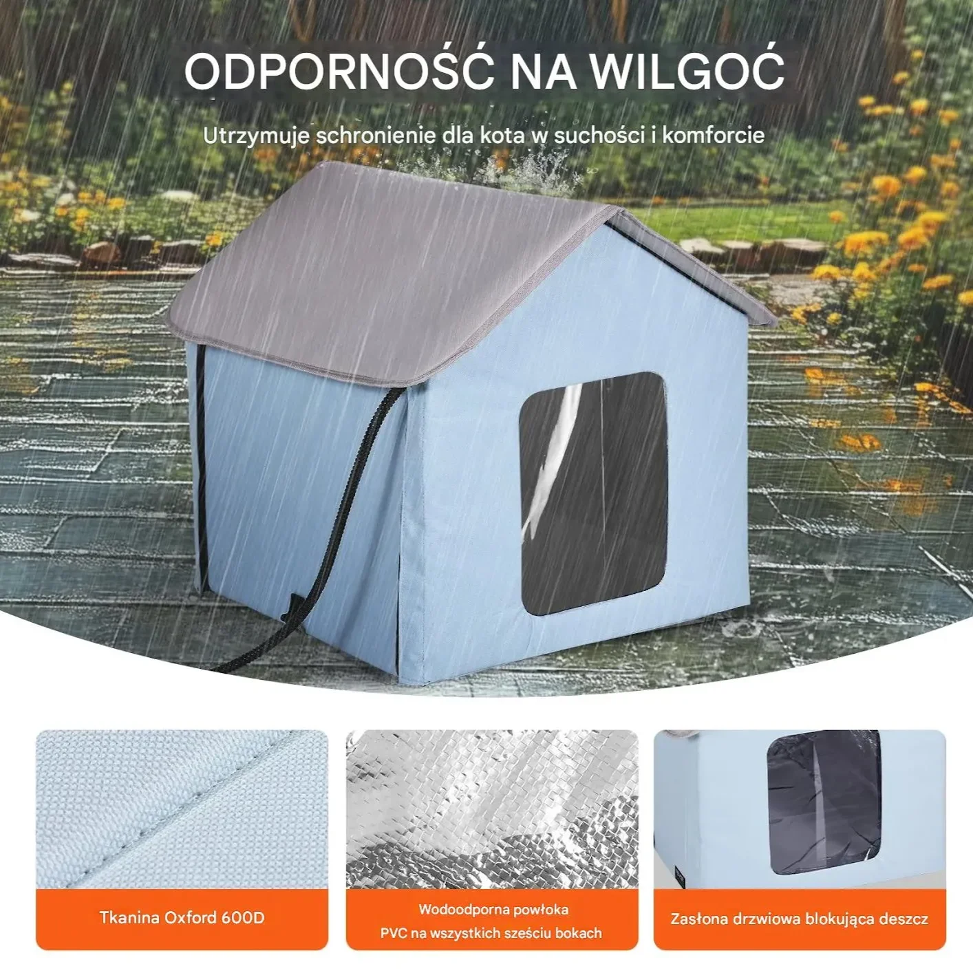 Dom dla Kota z Ogrzewaniem Składany Niebieski Mały z Poduszką Grzewczą - obrazek 4