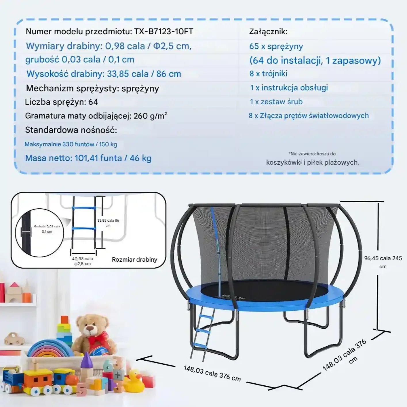 Trampolina ogrodowa 376 cm – siatka, drabinka, dla dzieci, solidna konstrukcja - obrazek 5