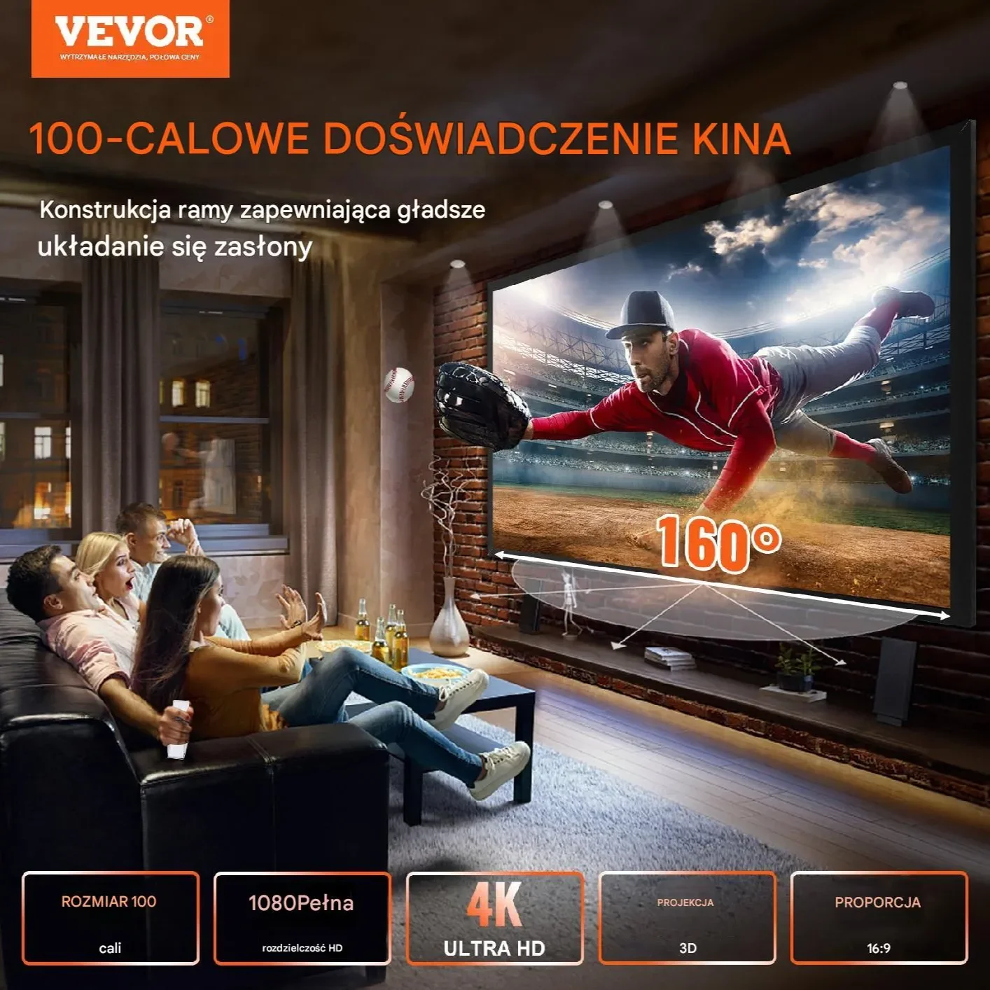 Ekran projekcyjny do projektora przenośny duży 221 x 124 cm - obrazek 6