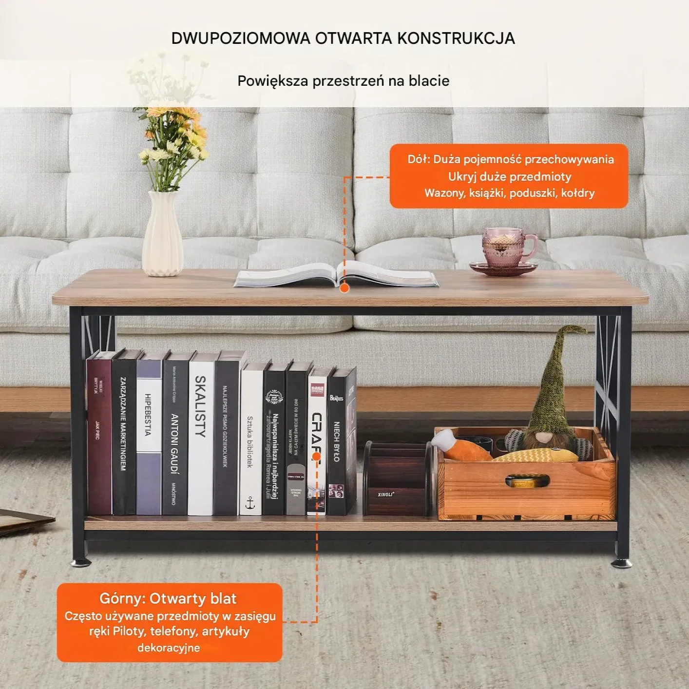 Stolik Kawowy Drewniany Nowoczesny Otwarta Półka 1000 x 500 x 465 mm - obrazek 2