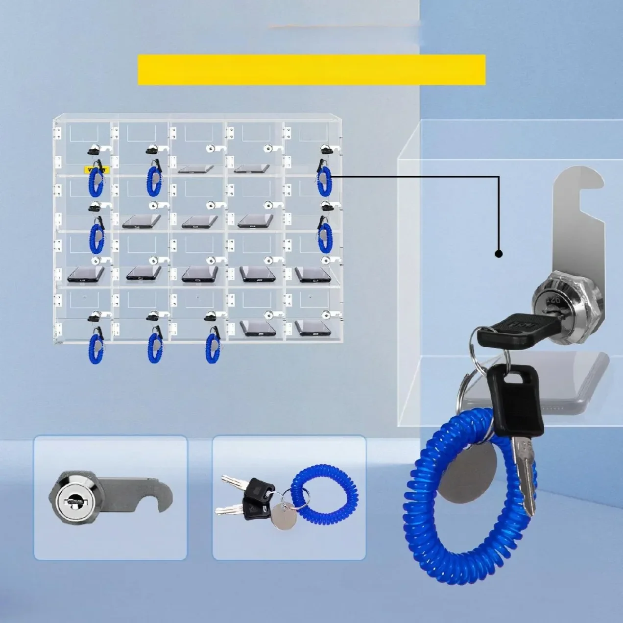 Szafka na telefony 20 przegródek akrylowa z zamkami na klucz ścienna - obrazek 6