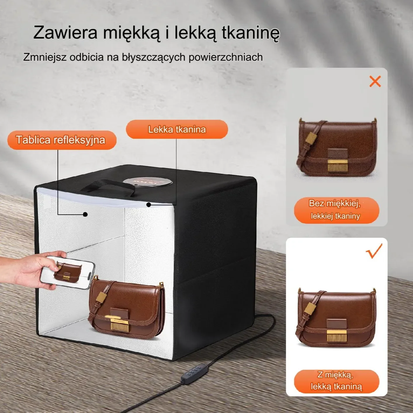 Lampa do mini studia fotograficznego 41x40x39 cm z 6 teł kolorowych - obrazek 3