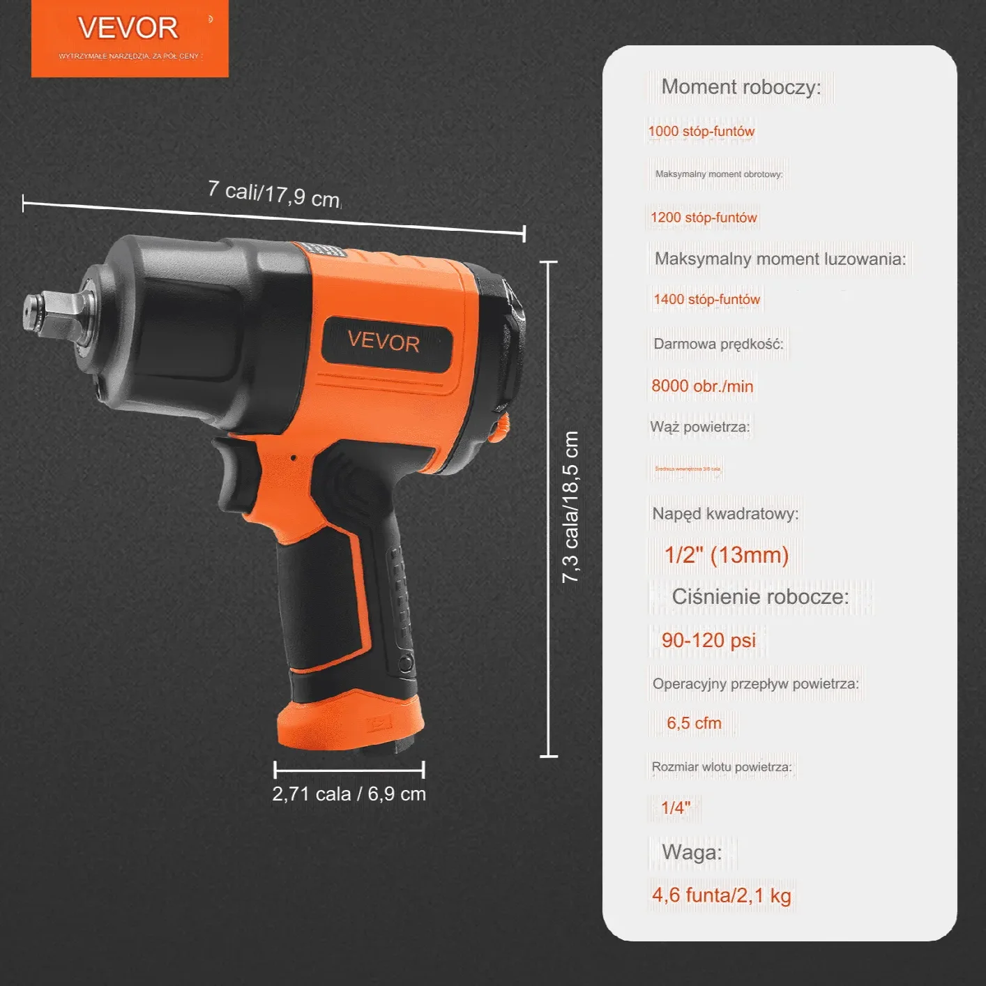 Klucz udarowy pneumatyczny 1900 Nm, 1/2", zestaw 11 nasadek (9-27 mm) lekki - obrazek 2