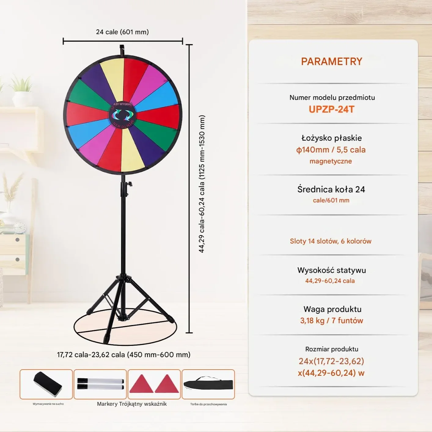 Koło obrotowe 60cm stojące 14 pól suchościeralne gra impreza konkurs - obrazek 5