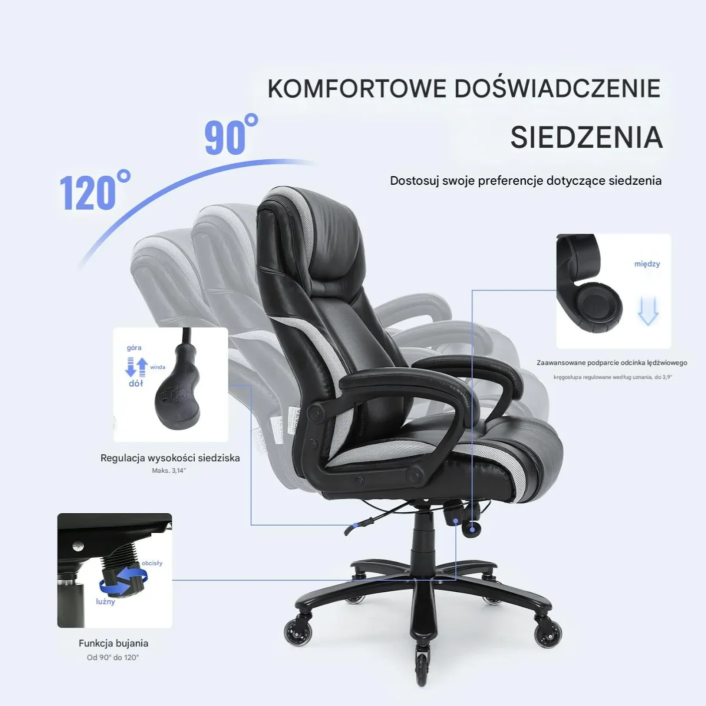 Fotel biurowy gabinetowy Ergonomiczny z podnóżkiem skórzany regulowany - obrazek 3