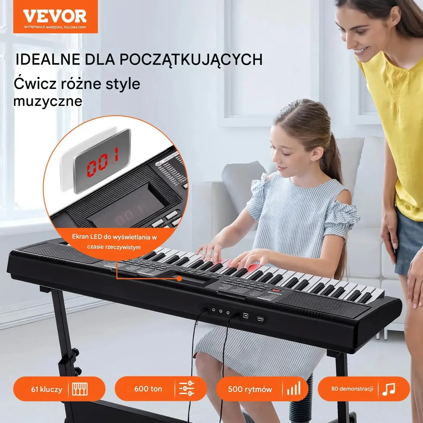 Keyboard 61 klawiszy przenośny z regulowanym stojakiem do nauki i koncertów - obrazek 3