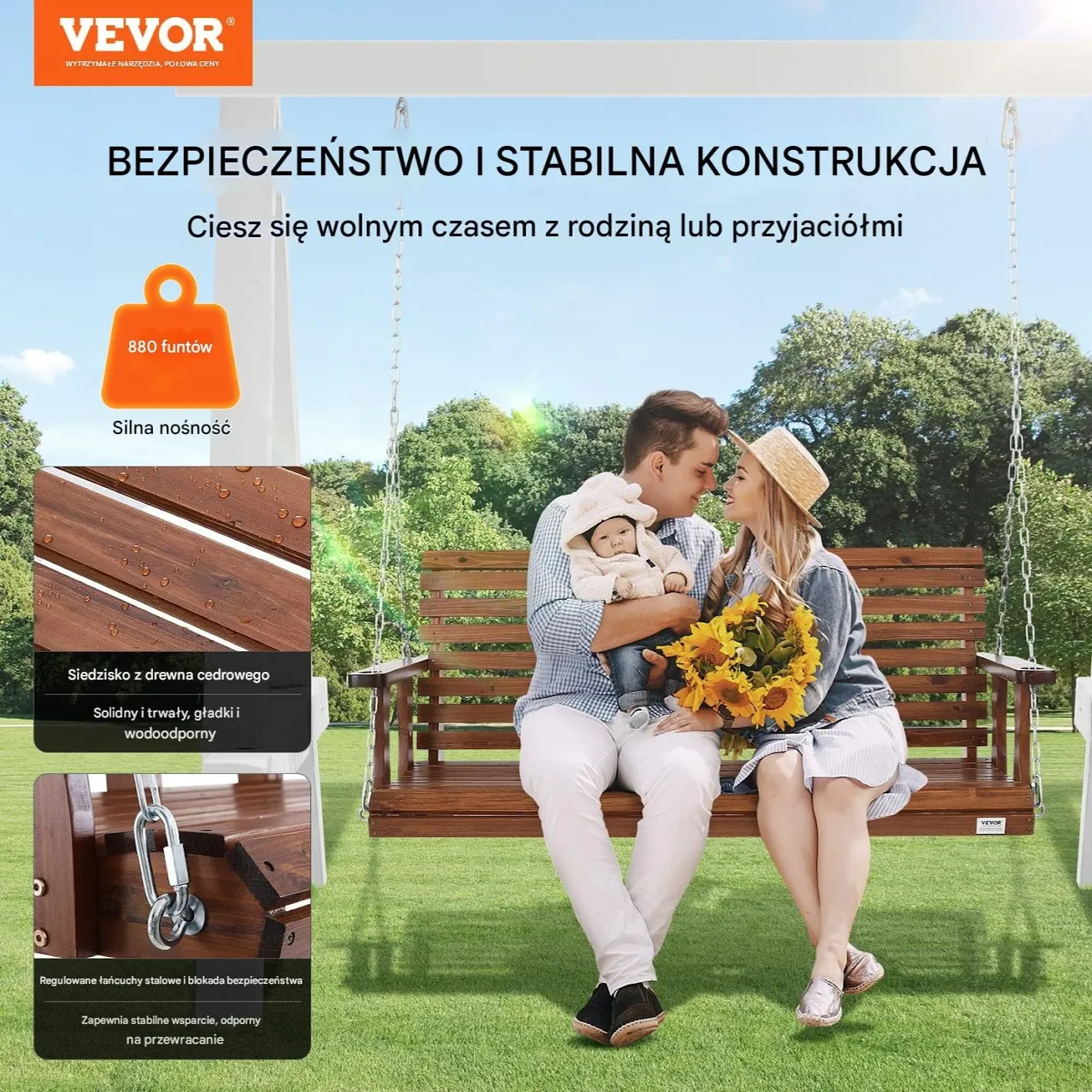 Huśtawka ogrodowa 150cm ławka wisząca 400kg na łańcuchach brązowa - obrazek 3