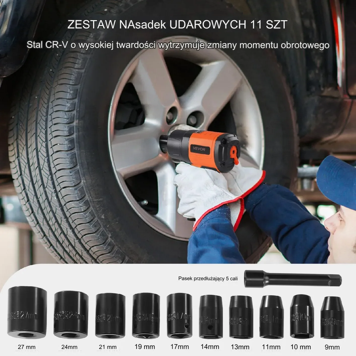 Klucz udarowy pneumatyczny 1900 Nm, 1/2", zestaw 11 nasadek (9-27 mm) lekki - obrazek 5