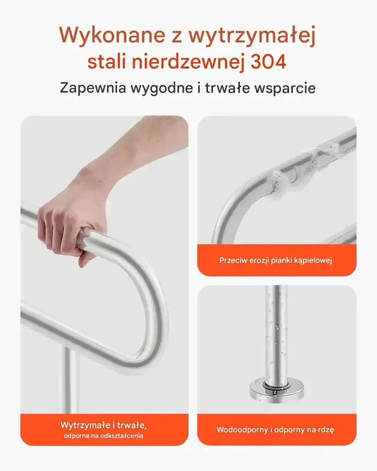 Uchwyt łazienkowy U 80 cm stal nierdzewna 136 kg - poręcz przy toalecie - obrazek 3