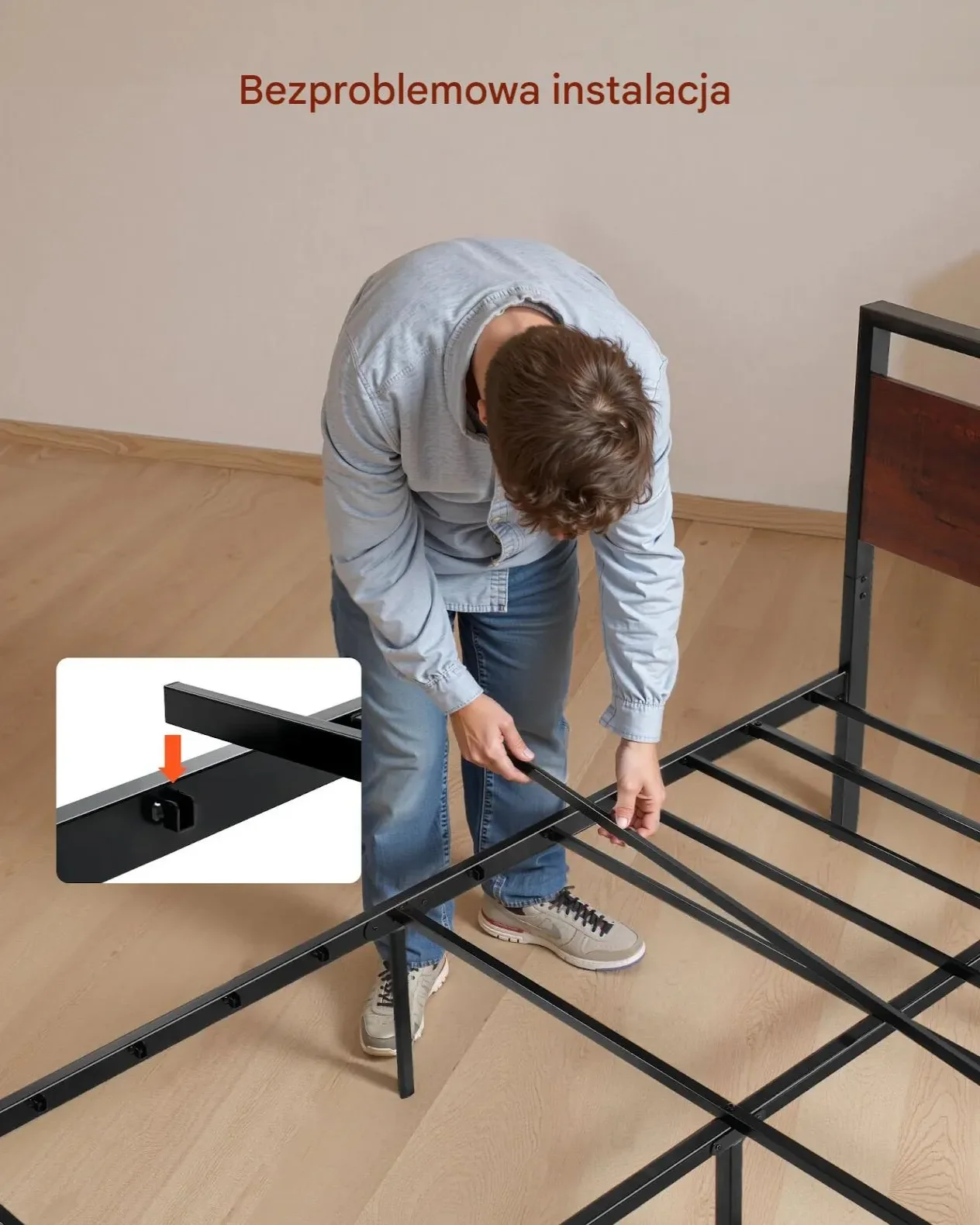 Łóżko metalowe full size 35 cm z drewnianym zagłówkiem i dużym schowkiem - obrazek 6