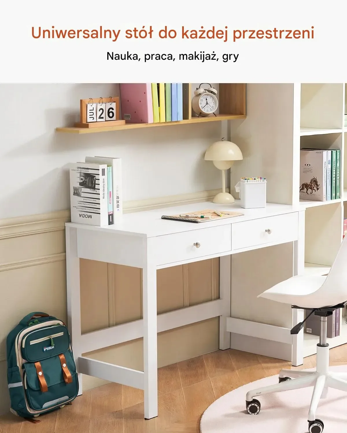 Biurko dziecięce z szufladami 90x50 cm proste do pokoju białe - obrazek 5