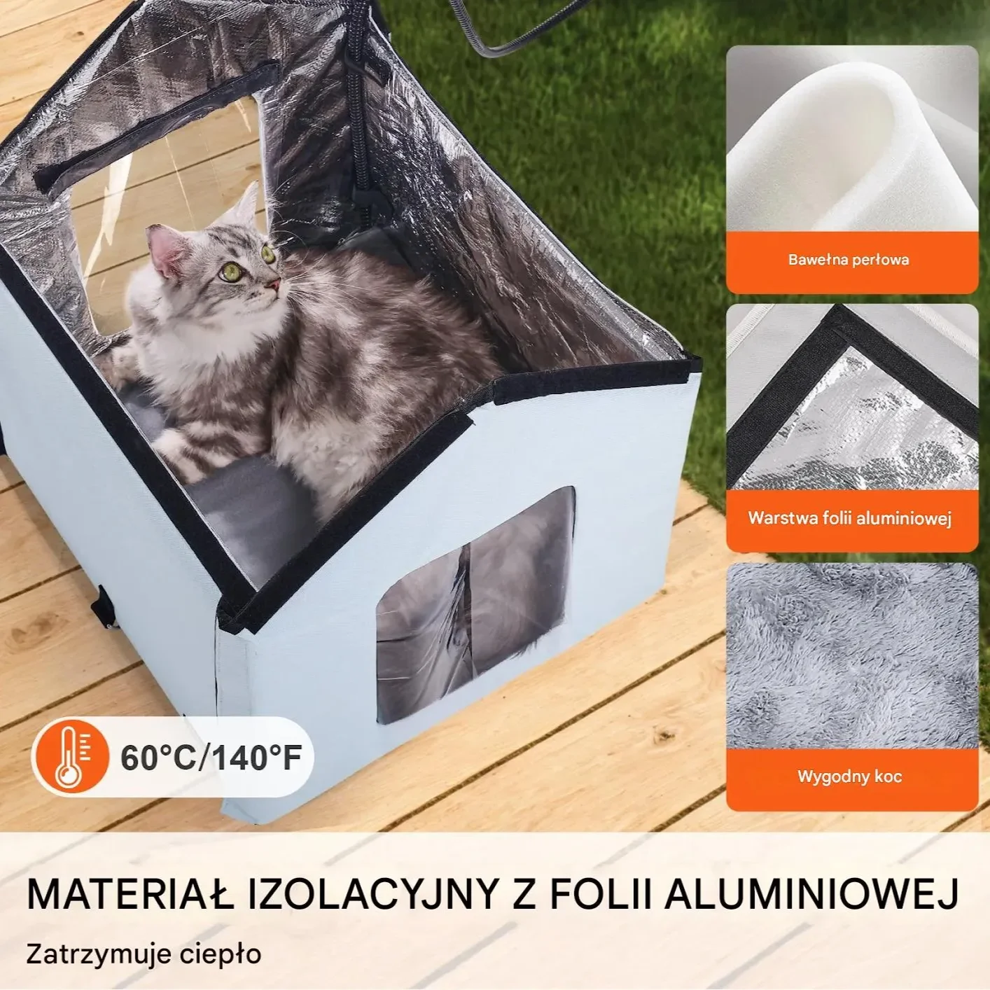 Dom dla Kota z Ogrzewaniem Składany Niebieski Mały z Poduszką Grzewczą - obrazek 3
