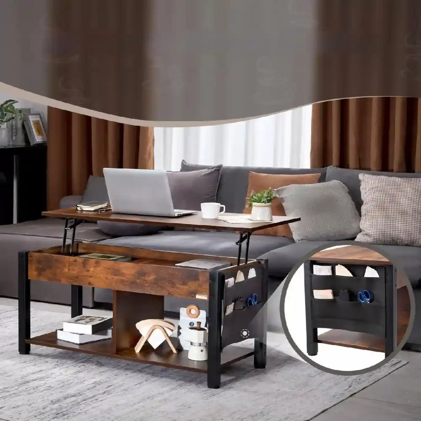 Rozkładana ława stolik kawowy z podnoszonym blatem schowkiem 106 cm - obrazek 3