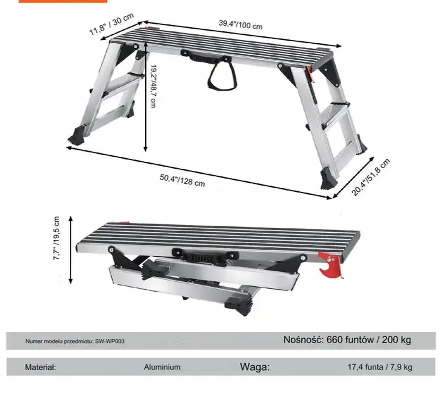 Podest roboczy drabina aluminiowa domowa schodki 100 cm 200 kg - obrazek 2