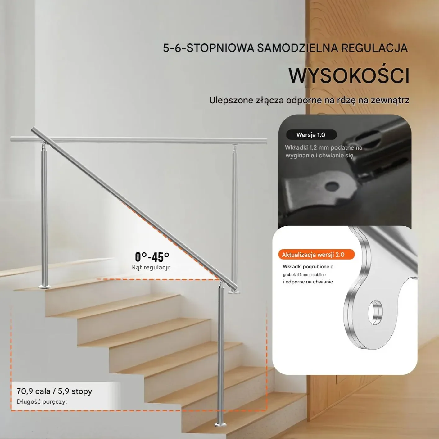 Poręcz schodowa 180 cm stal nierdzewna 2-kolumnowa zestaw montażowy - obrazek 3