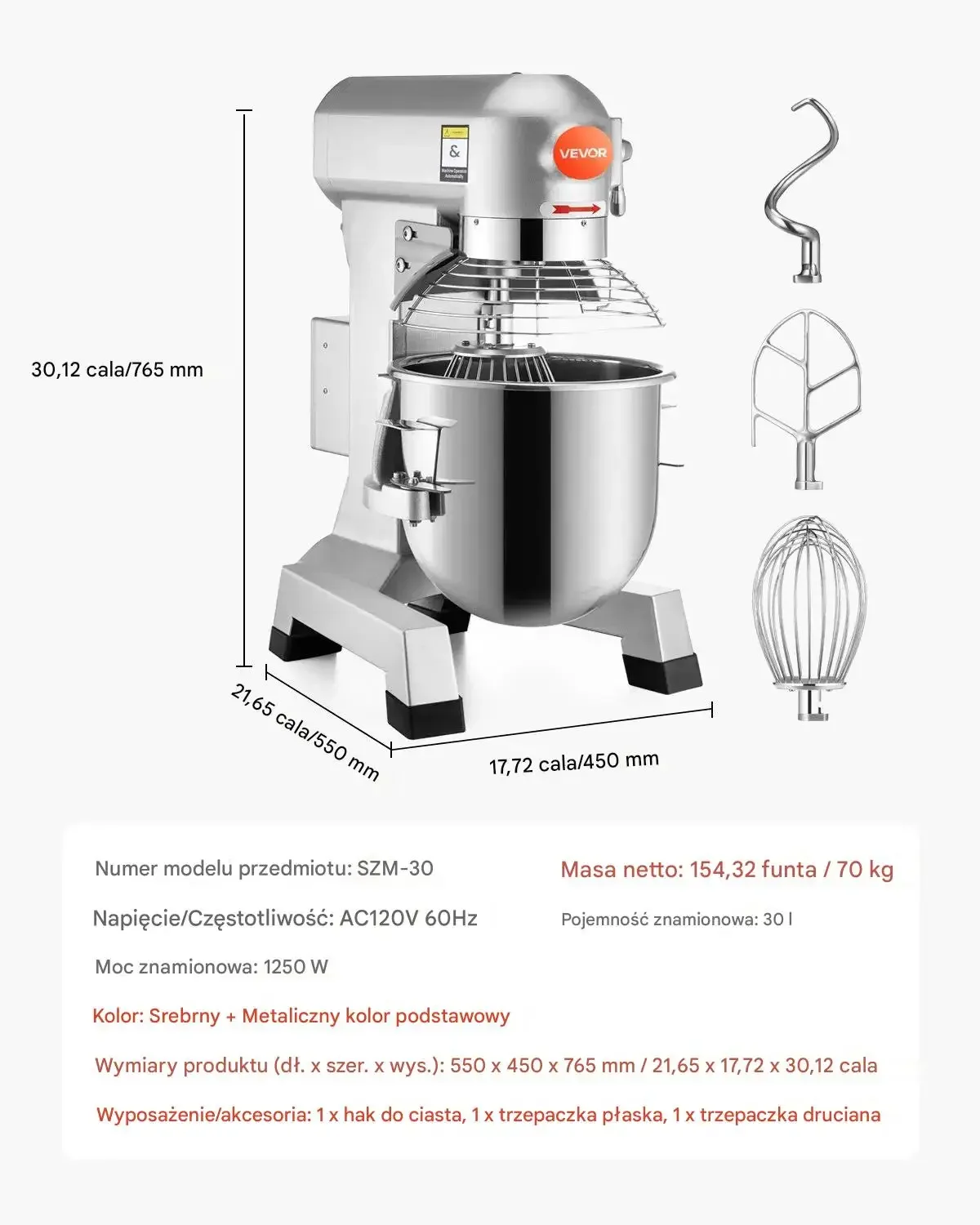Mikser planetarny gastronomiczny 30L 1100W regulacja prędkości piekarnia