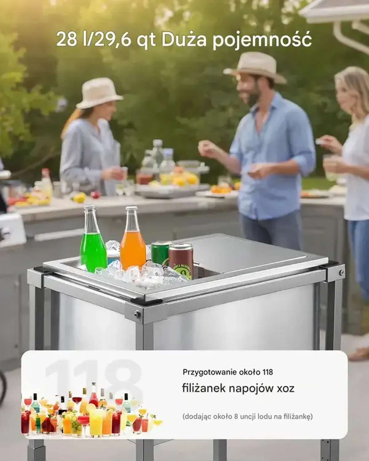 Lodówka mobilna 28 L stalowa na kółkach - cooler na patio i imprezy plenerowe - obrazek 3