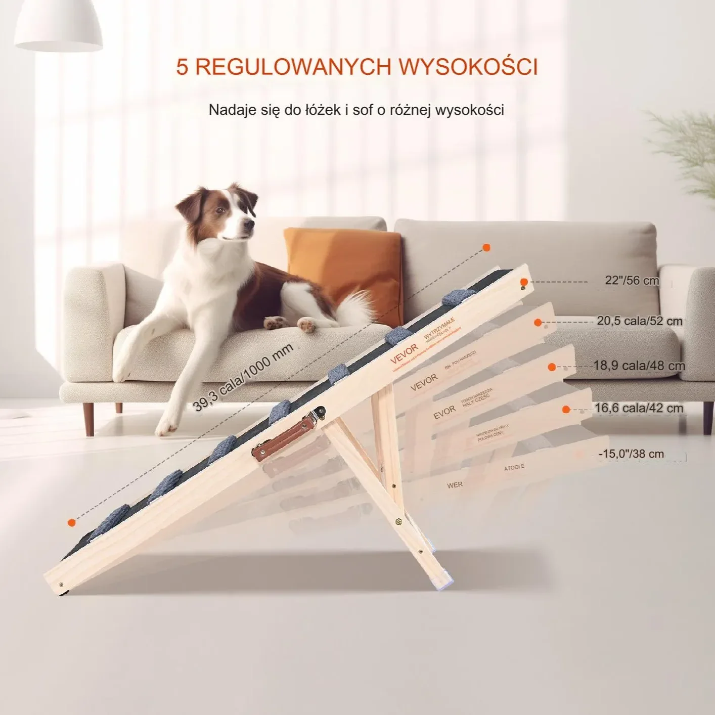 Składana rampa dla psa kota drewniana regulowana 100 cm do łóżka auta - obrazek 2