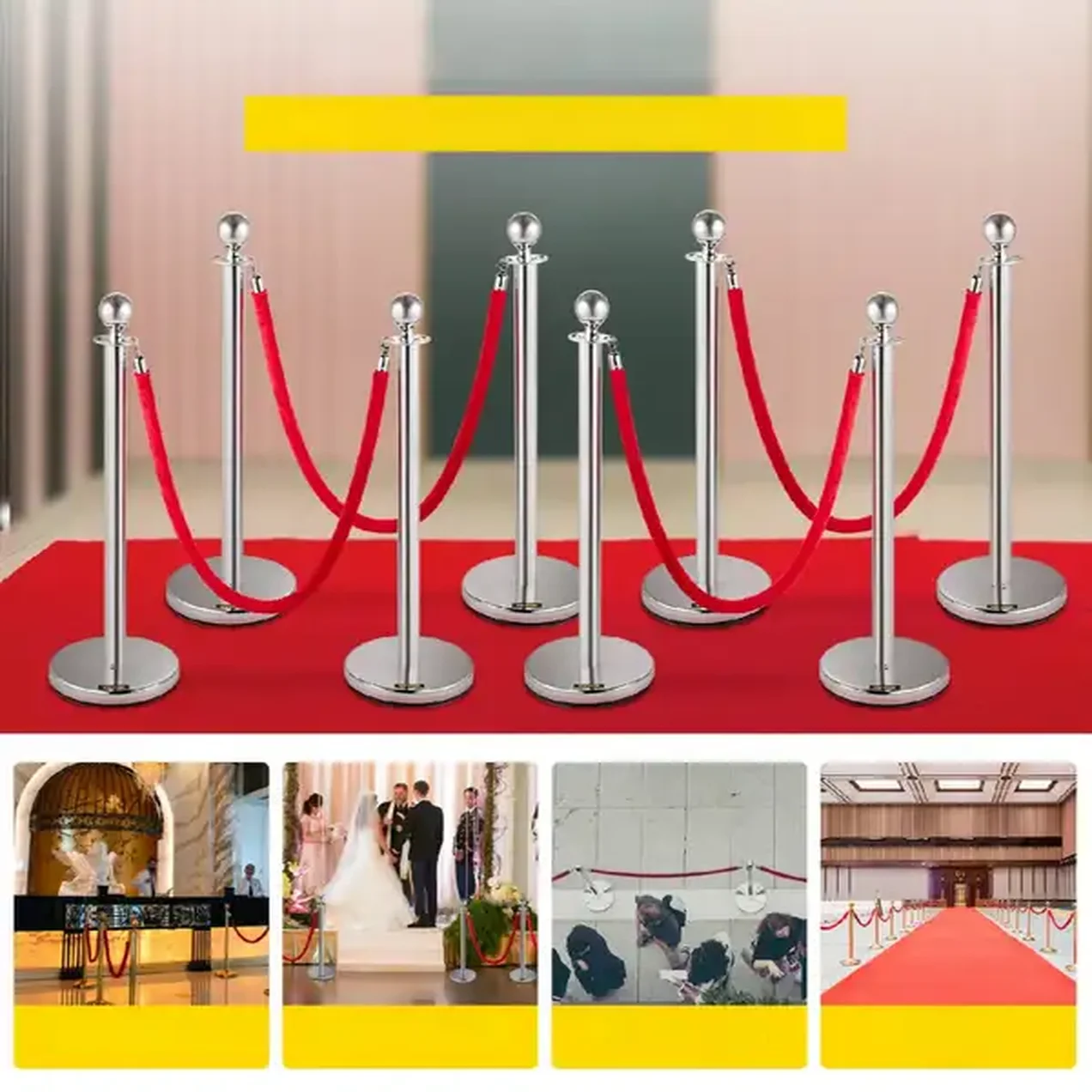 Słupki odgradzające 8 sztuk + liny 1,5m barierka kolejkowa hotelowa srebrne - obrazek 2