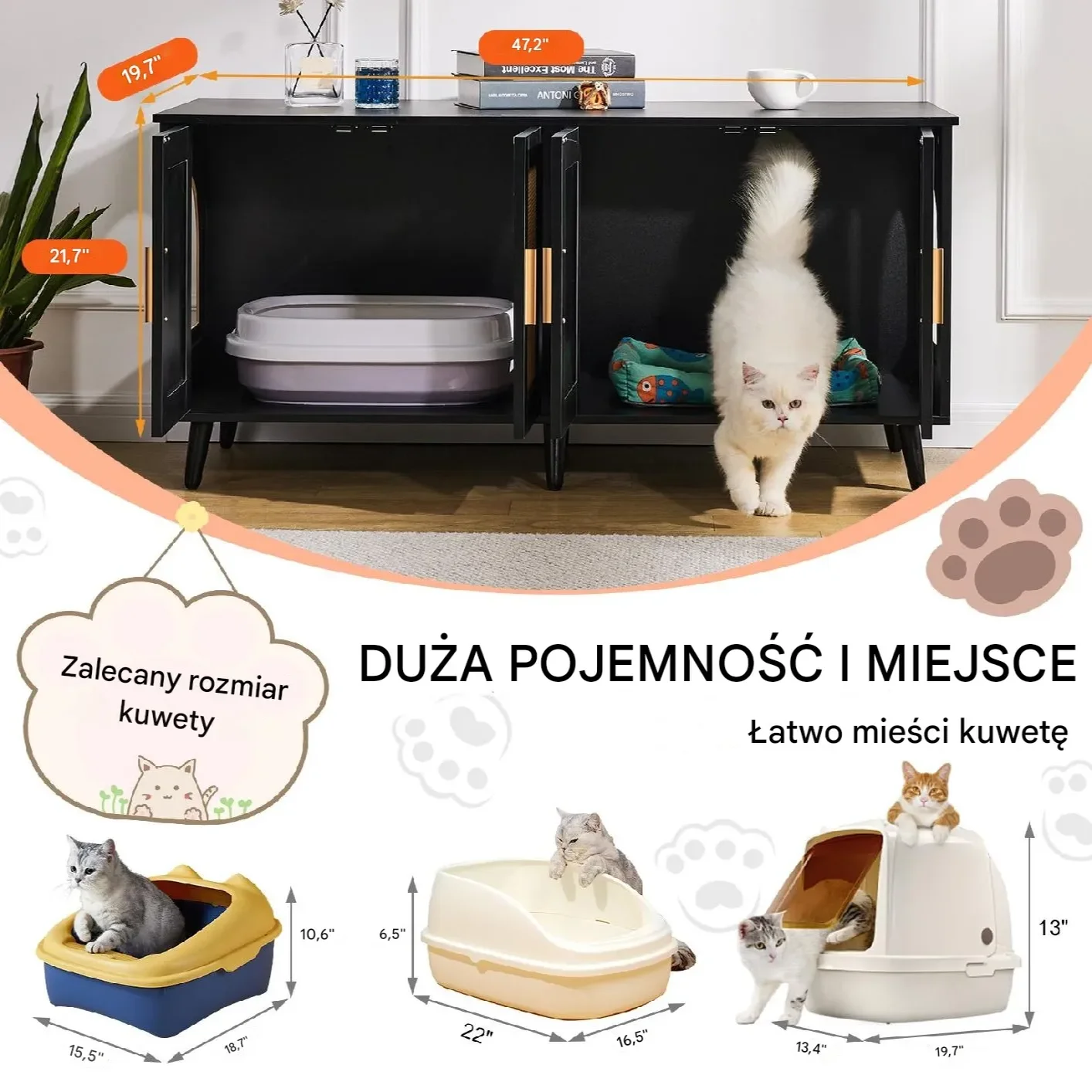 Szafka na kuwetę 2 komory – mebel maskujący czarny do domu dla kota - obrazek 3