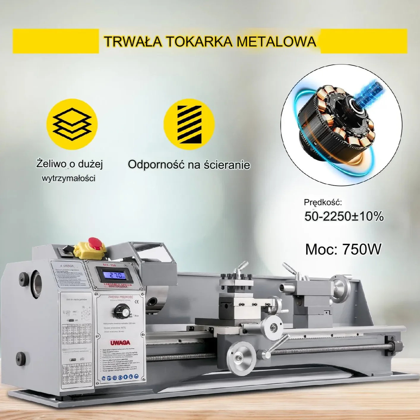 Tokarka do metalu 220x750 mm, 1100W, regulacja 50-2250 RPM 3-szczękowa - obrazek 3