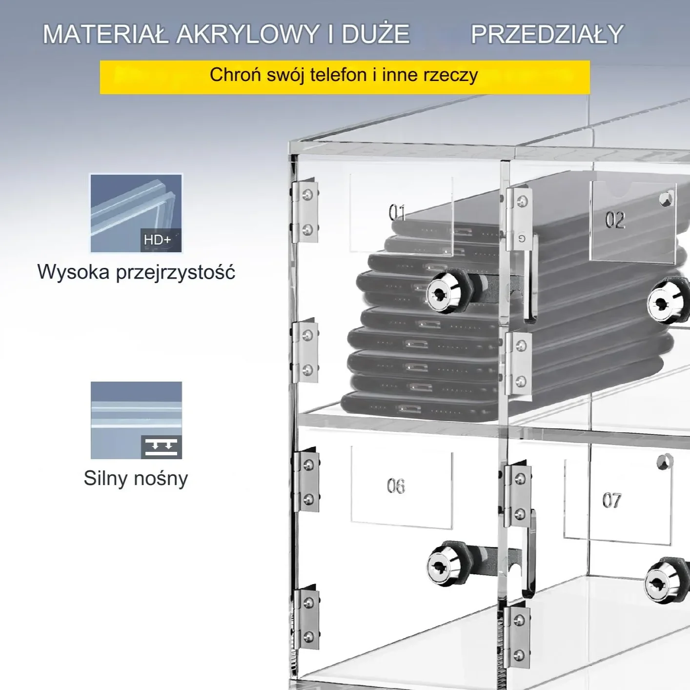 Szafka na telefony 20 przegródek akrylowa z zamkami na klucz ścienna - obrazek 9
