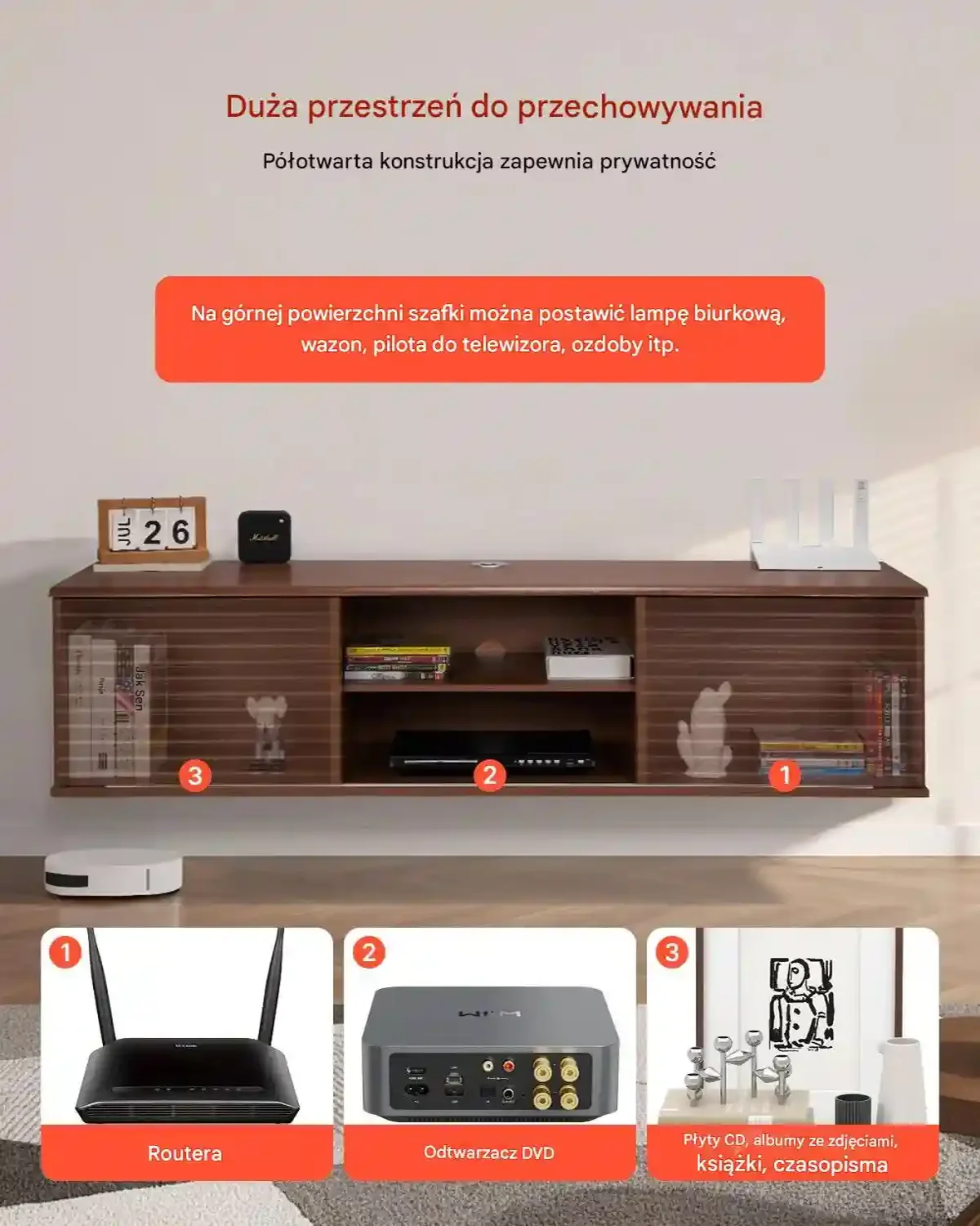 Wisząca szafka RTV 60" 2 poziomy regulowana półka przesuwane drzwi orzech - obrazek 5