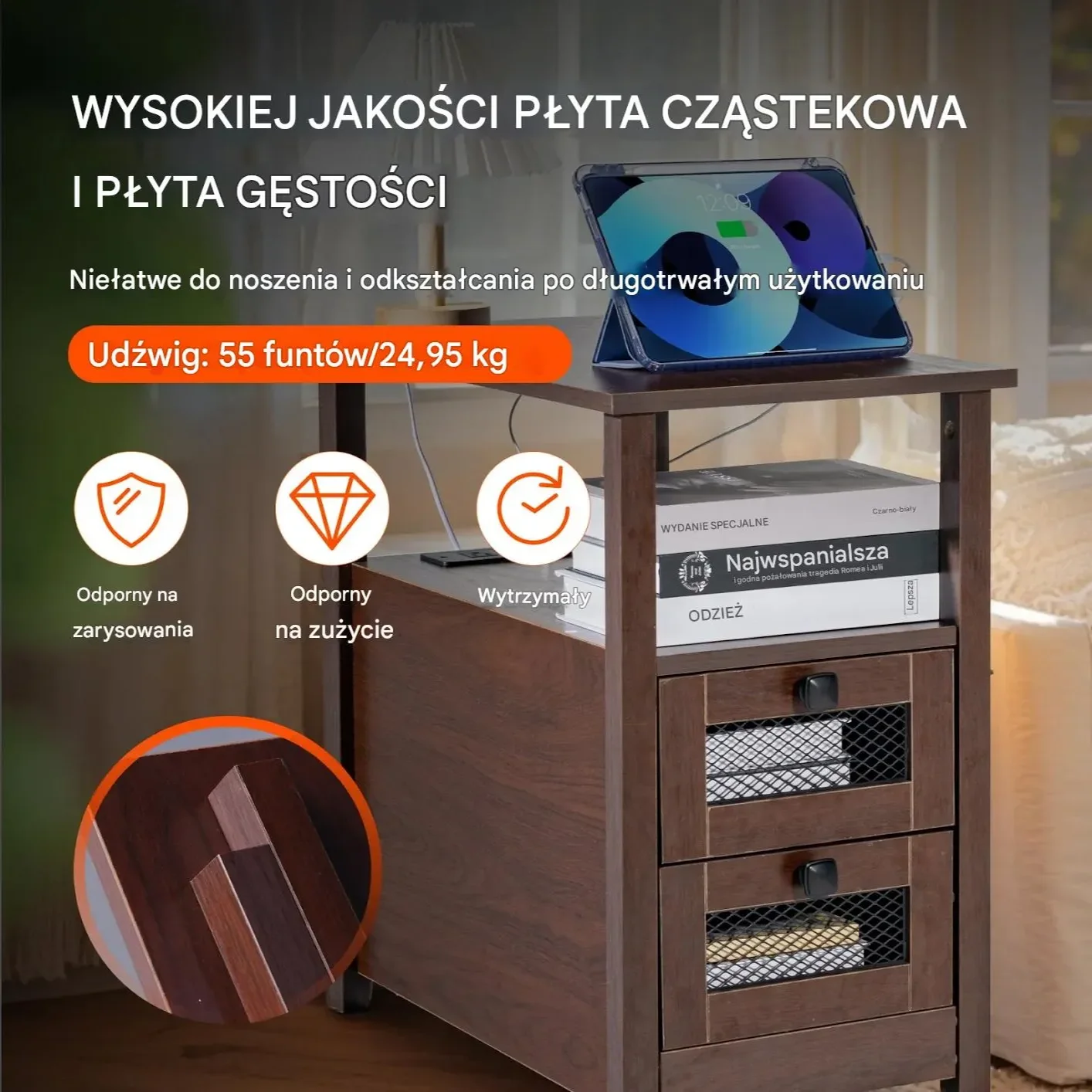 Stolik nocny wąski z szufladą USB i gniazdkami do sypialni brązowy - obrazek 2