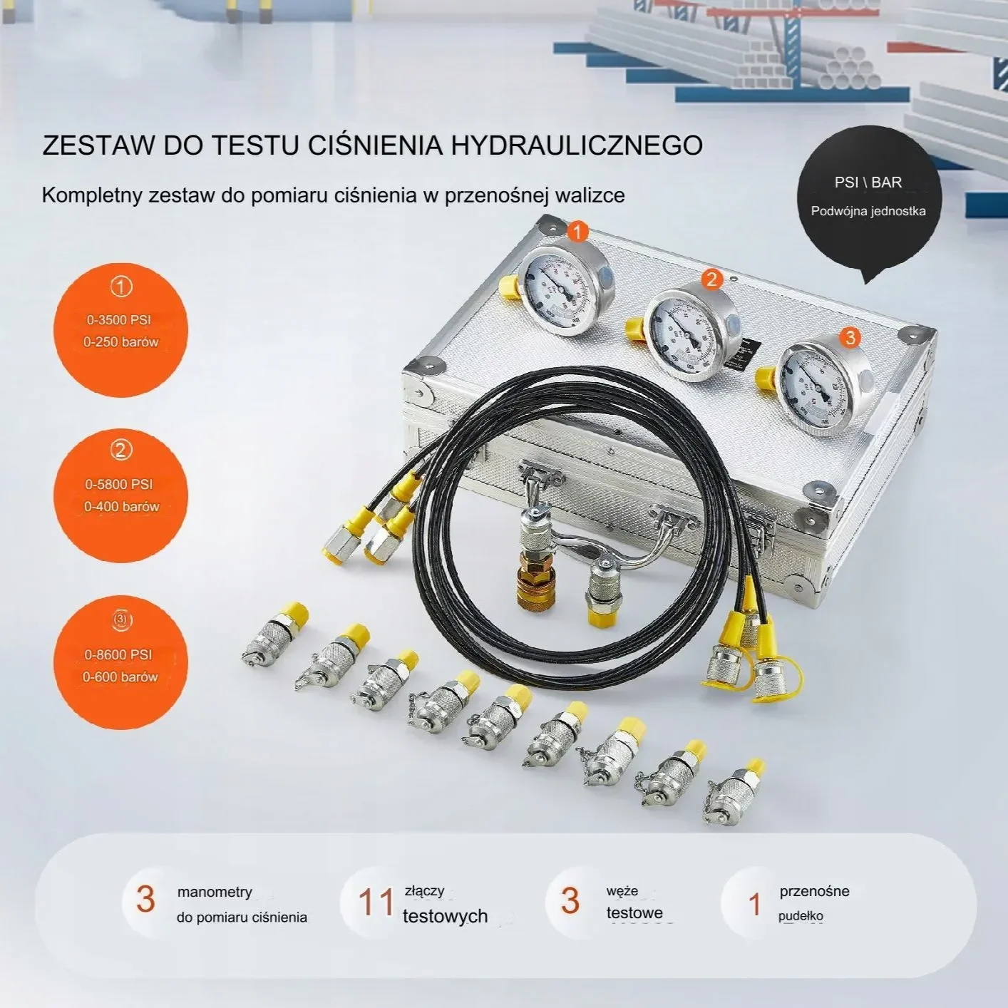 Zestaw do pomiaru ciśnienia hydraulicznego 11 złączy - obrazek 6