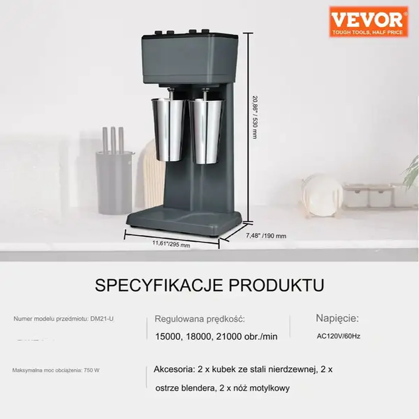 Koktajler blender kuchenny kielichowy gastronomiczny 750W 820ml - obrazek 2