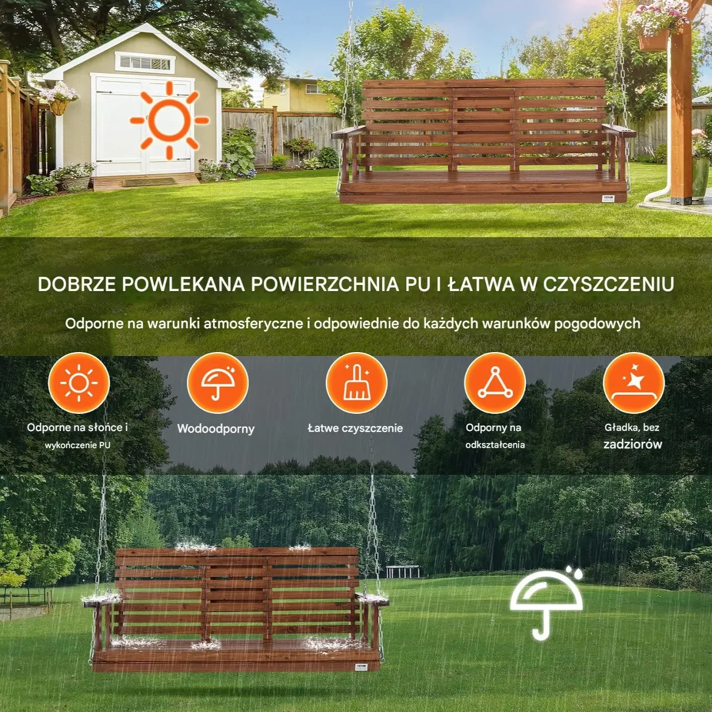 Huśtawka ogrodowa 150cm ławka wisząca 400kg na łańcuchach brązowa - obrazek 2