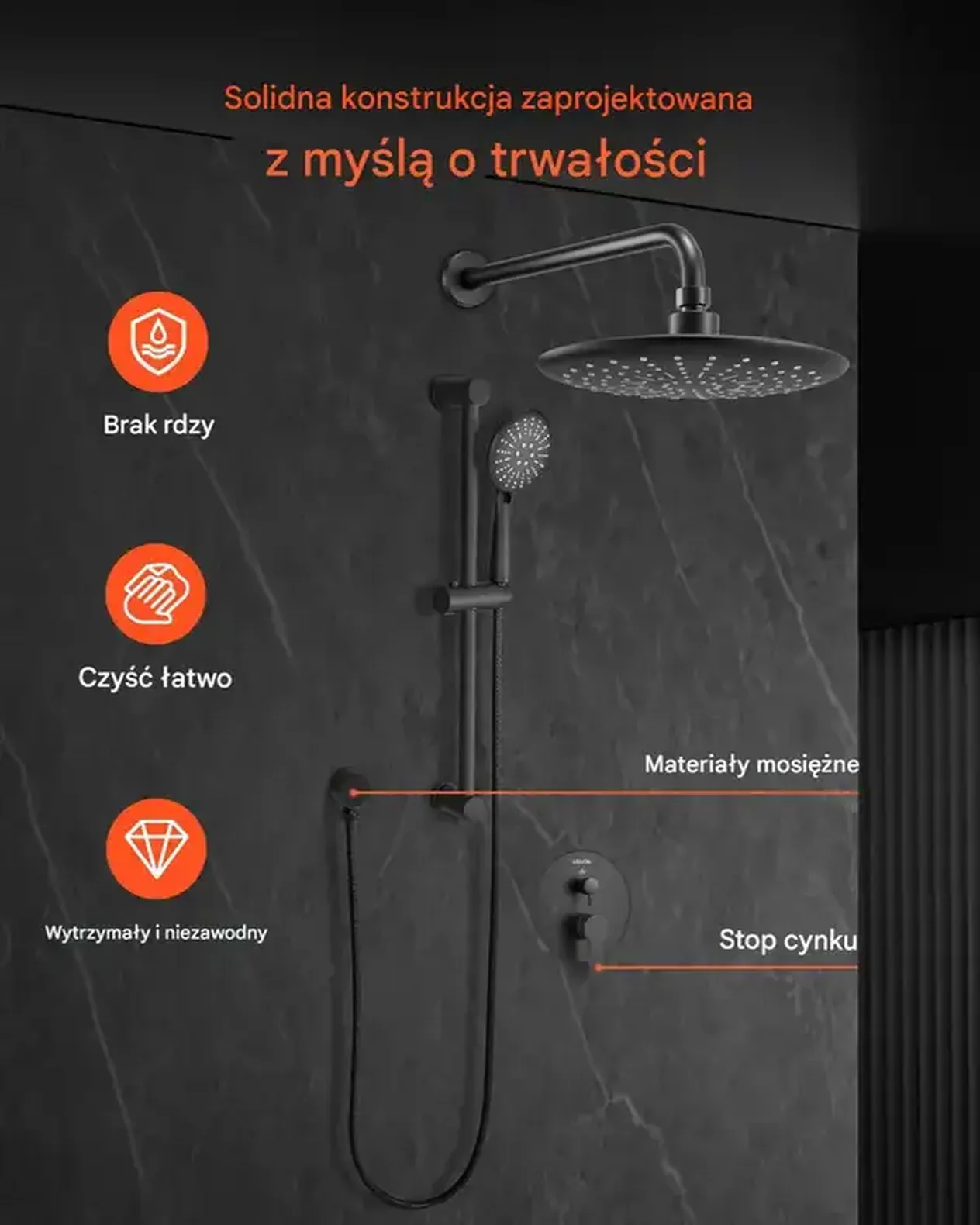 Zestaw prysznicowy deszczowy 23 cm okrągły z baterią ścienny czarny matowy - obrazek 5