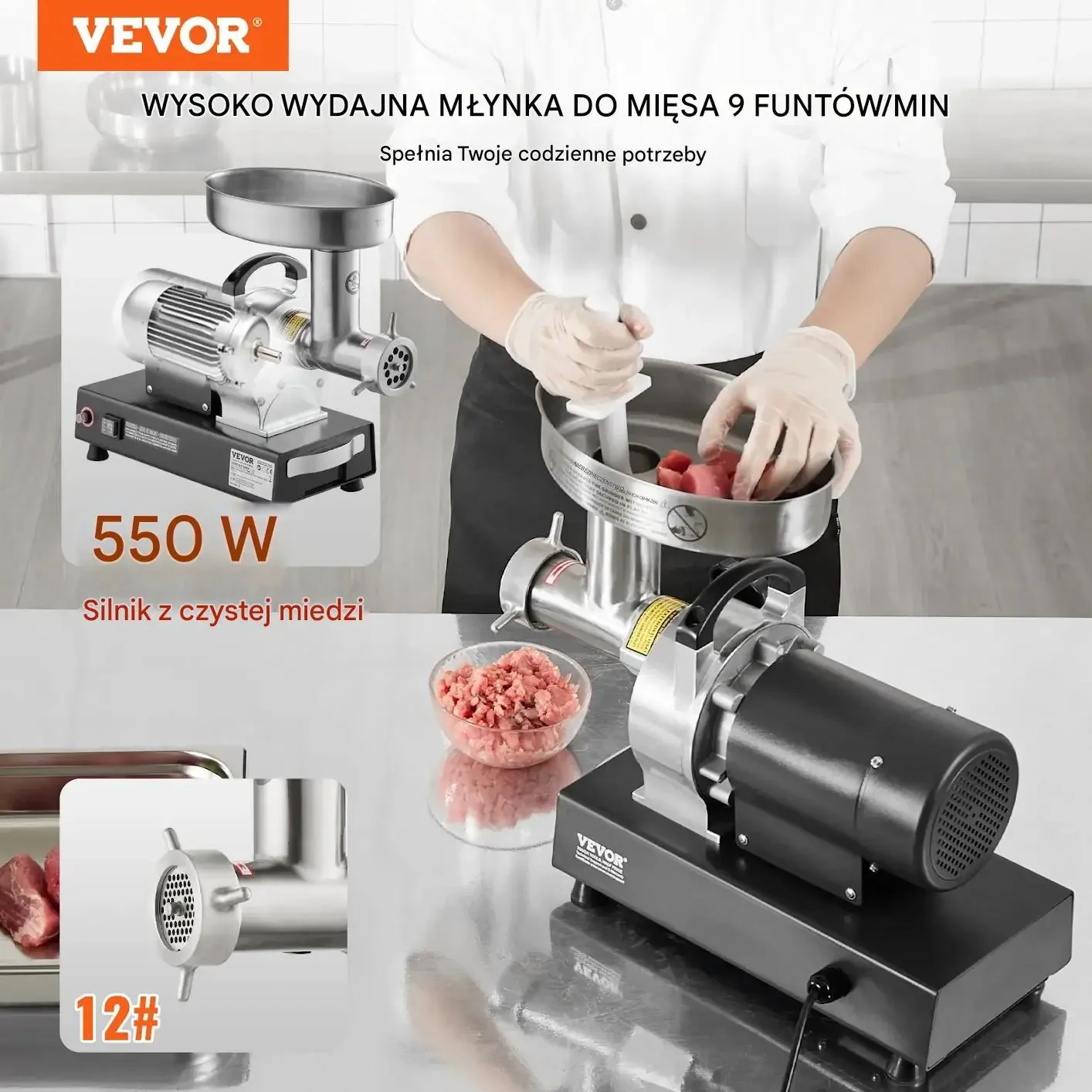 Maszynka do mięsa elektryczna 4kg/min stal nierdzewna kiełbasy - obrazek 3