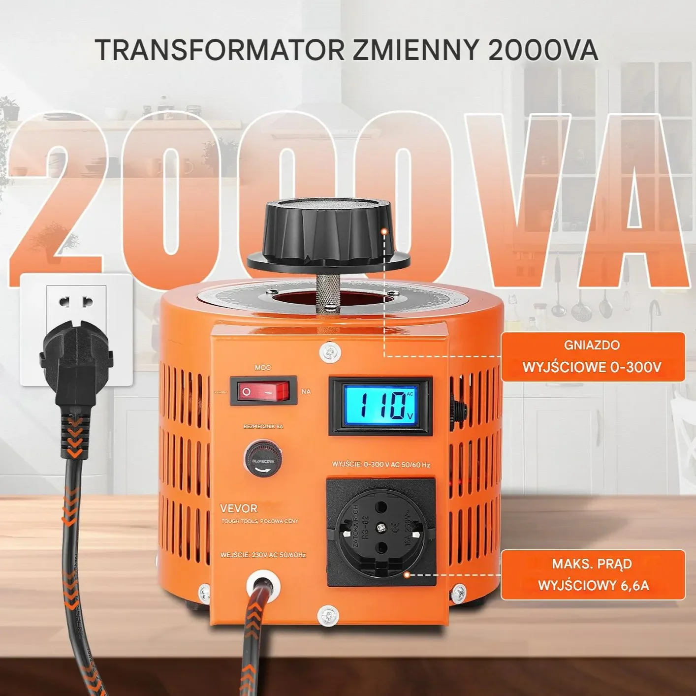 Regulator napięcia 2000VA 0-300V 6,6A z wyświetlaczem LCD CE - obrazek 2