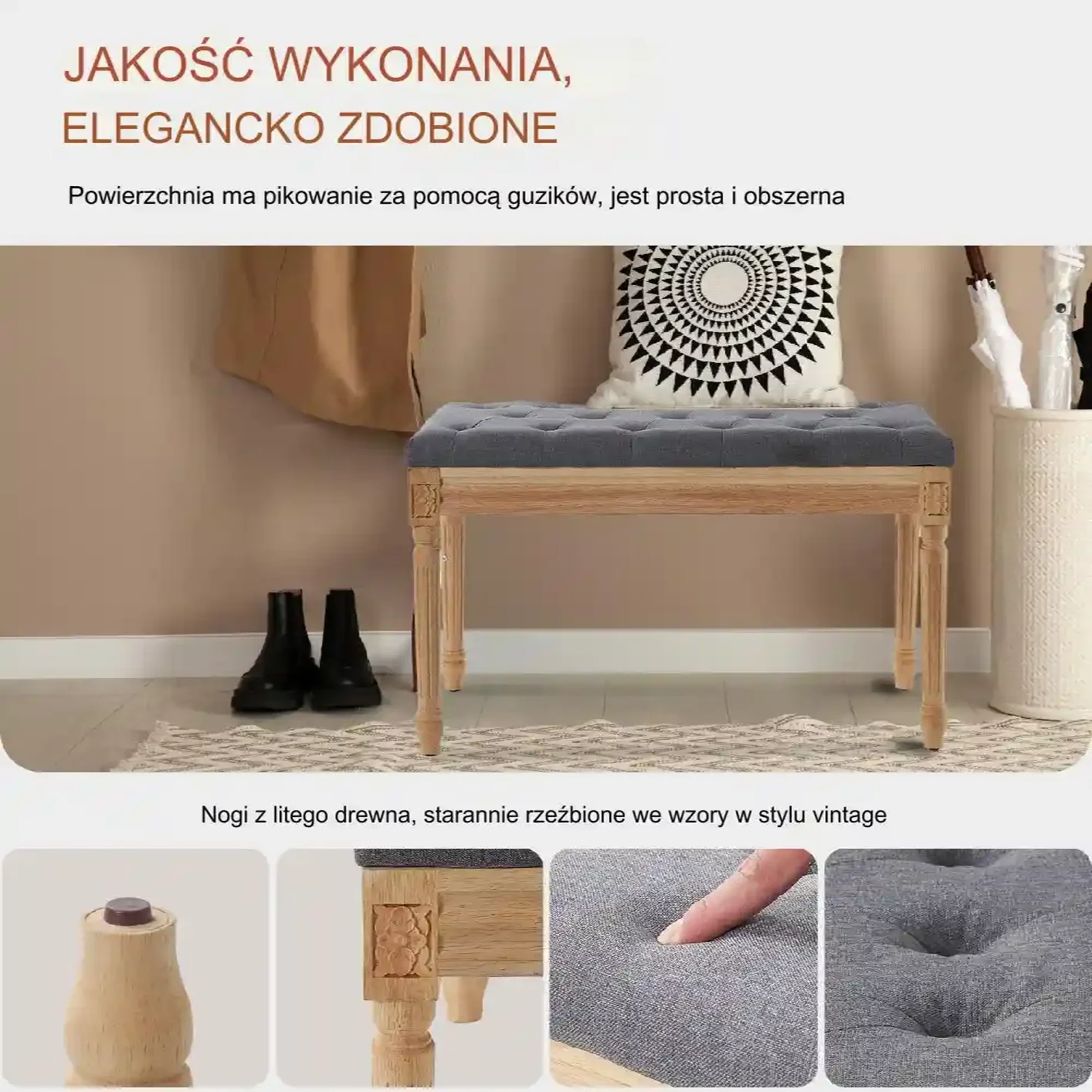 Siedzisko ławka szara przedpokój tapicerowana pufa do przedpokoju ławeczka - obrazek 3