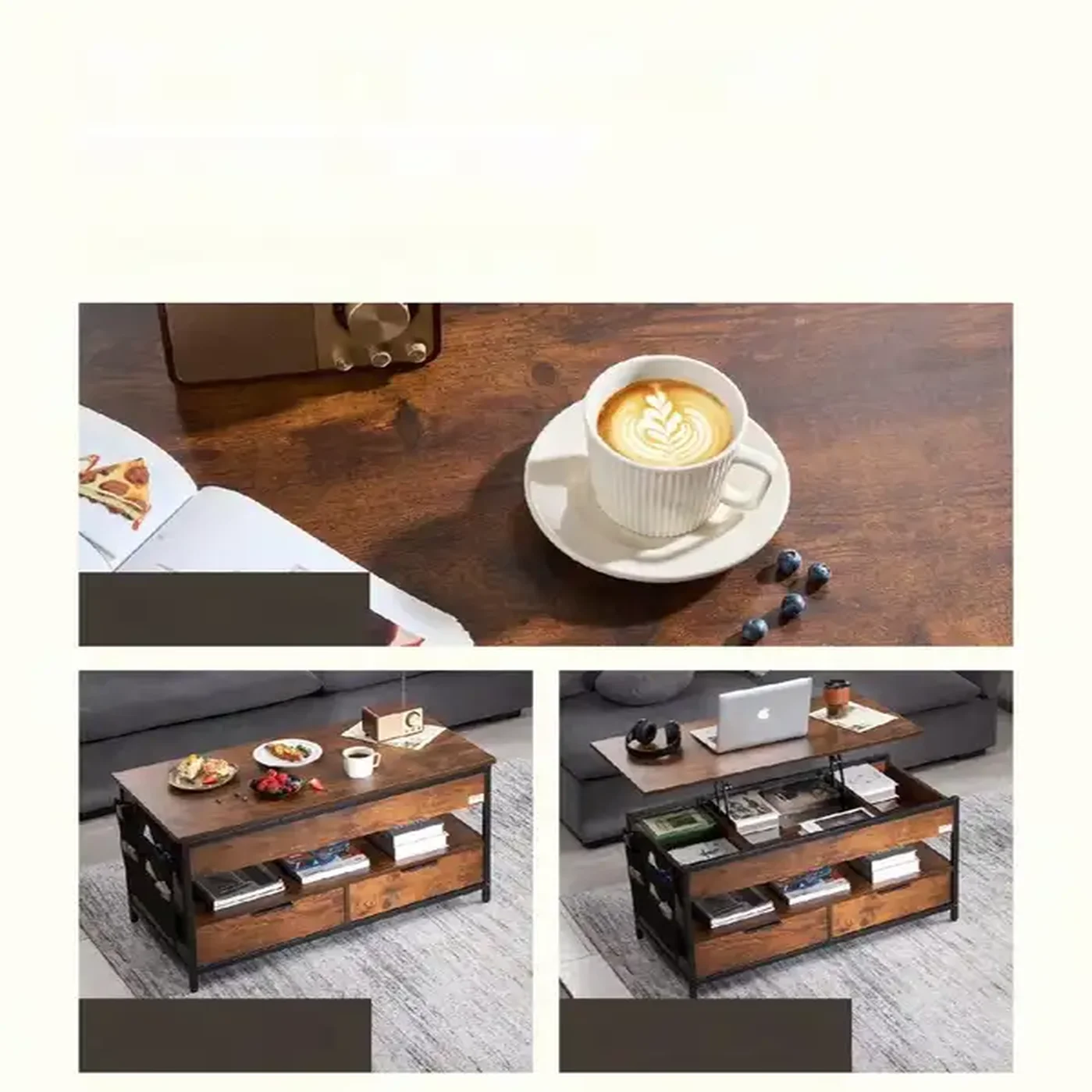 Stolik kawowy ława z podnoszonym blatem schowkiem + szuflady - obrazek 3